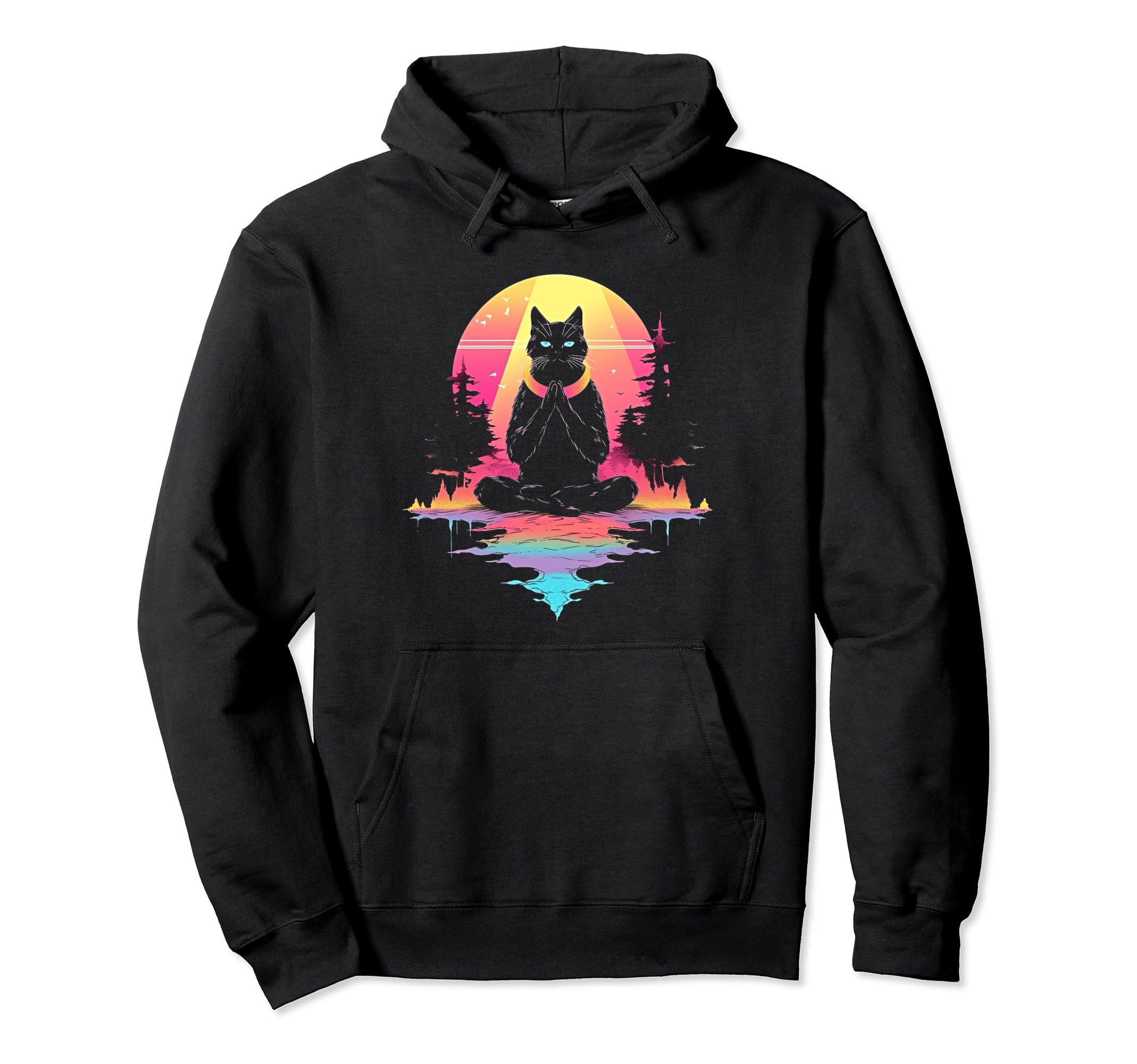 Synthwave Cat Samurai Mediation Vaporwave Hoodie - Graphic Print Men Women - T-Shirt, Sweatshirt, Hoodie