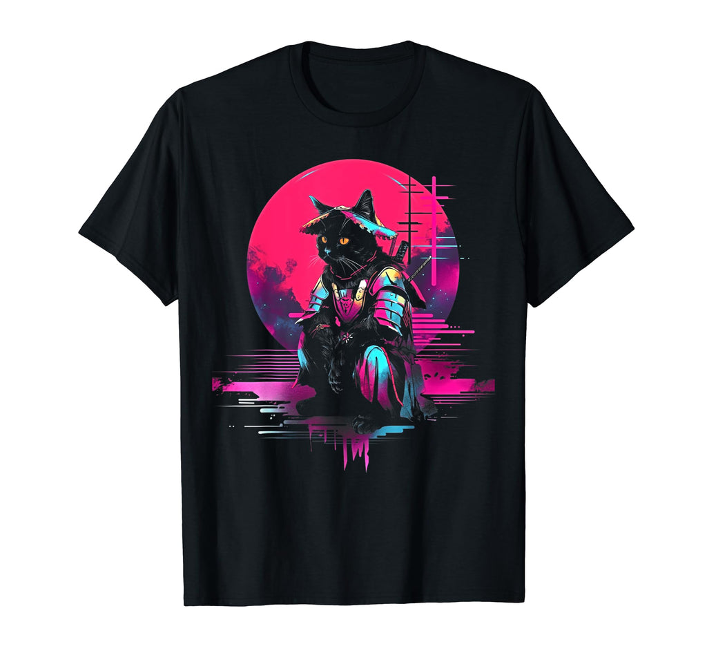 Synthwave Cat Samurai Mediation T-Shirt - Fun Novelty Design for Adults - T-Shirt, Sweatshirt, Hoodie