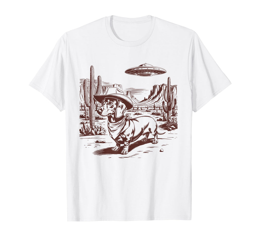 Dachshund Ufo Western Alien 90S Cowboy T-Shirt - Minimalist Print Unisex - T-Shirt, Sweatshirt, Hoodie