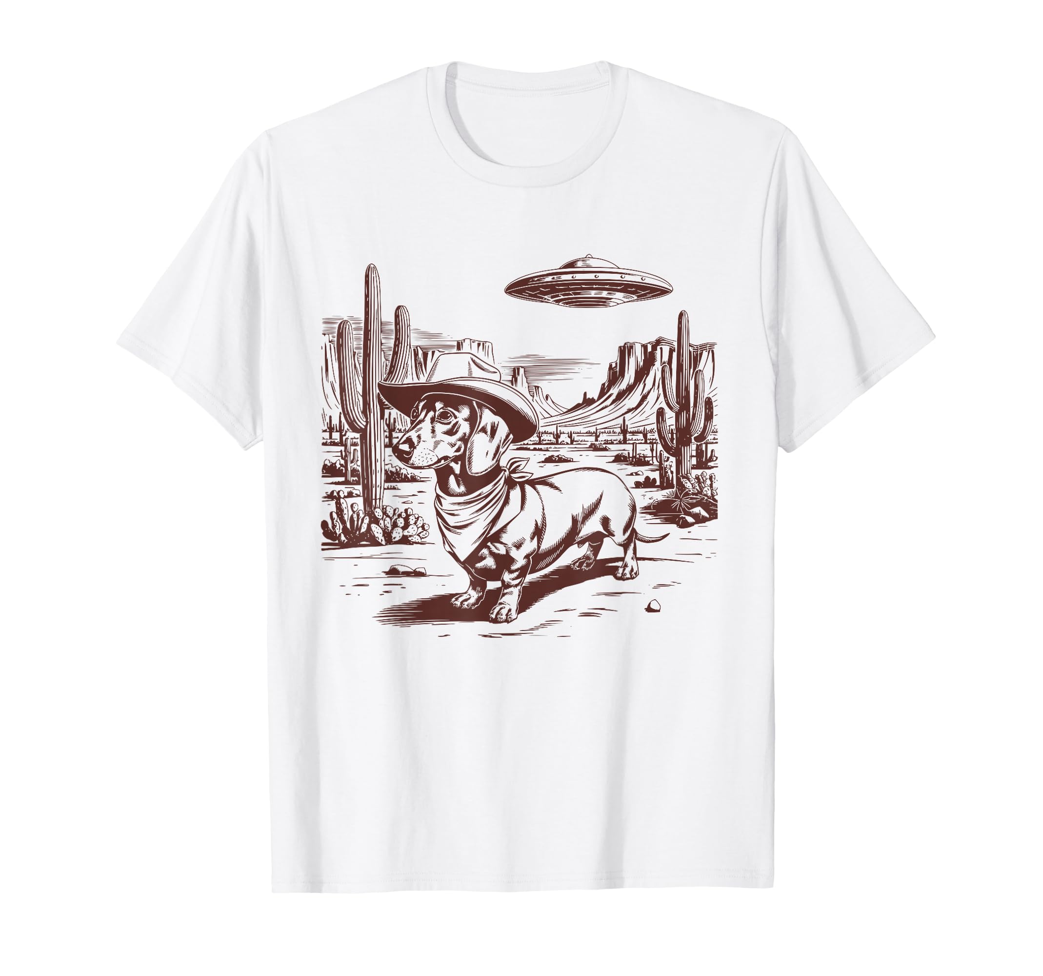 Dachshund Ufo Western Alien 90S Cowboy T-Shirt - Minimalist Print Unisex - T-Shirt, Sweatshirt, Hoodie