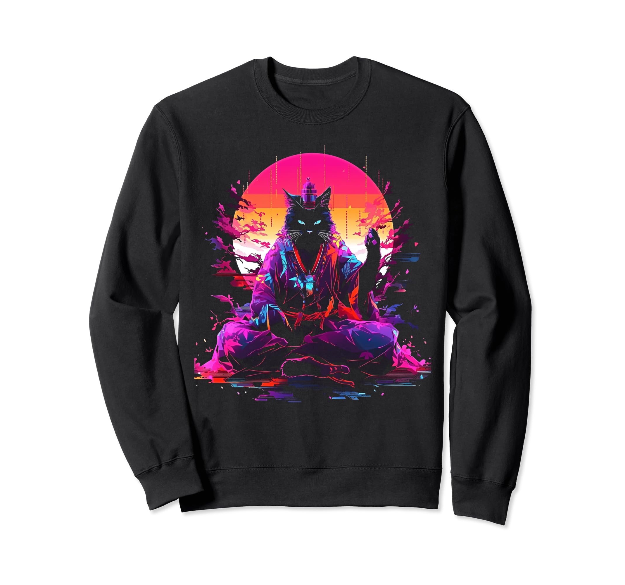 Synthwave Cat Samurai Mediation Sweatshirt - Minimalist Print for Adults - T-Shirt, Sweatshirt, Hoodie