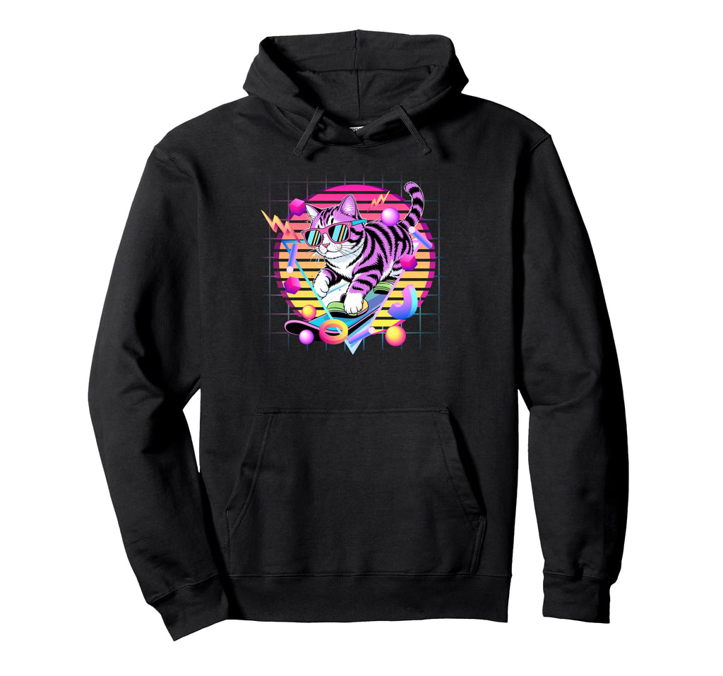 80S Cat Skateboarder Synthwave Hoodie - Novelty Apparel for Adults - T-Shirt, Sweatshirt, Hoodie