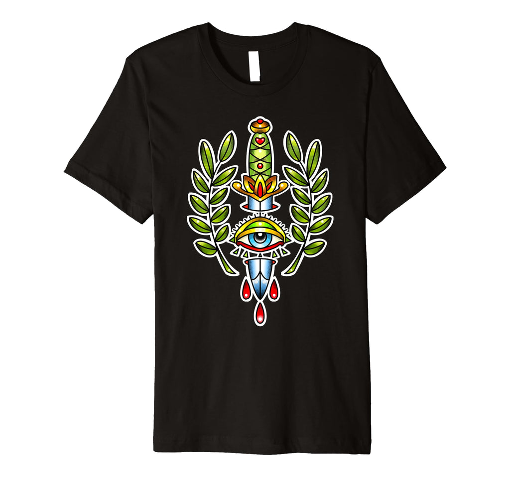 Traditional Tattoo Dagger Knife Eye Laurel T-Shirt - Unique Graphic Unisex - T-Shirt, Sweatshirt, Hoodie