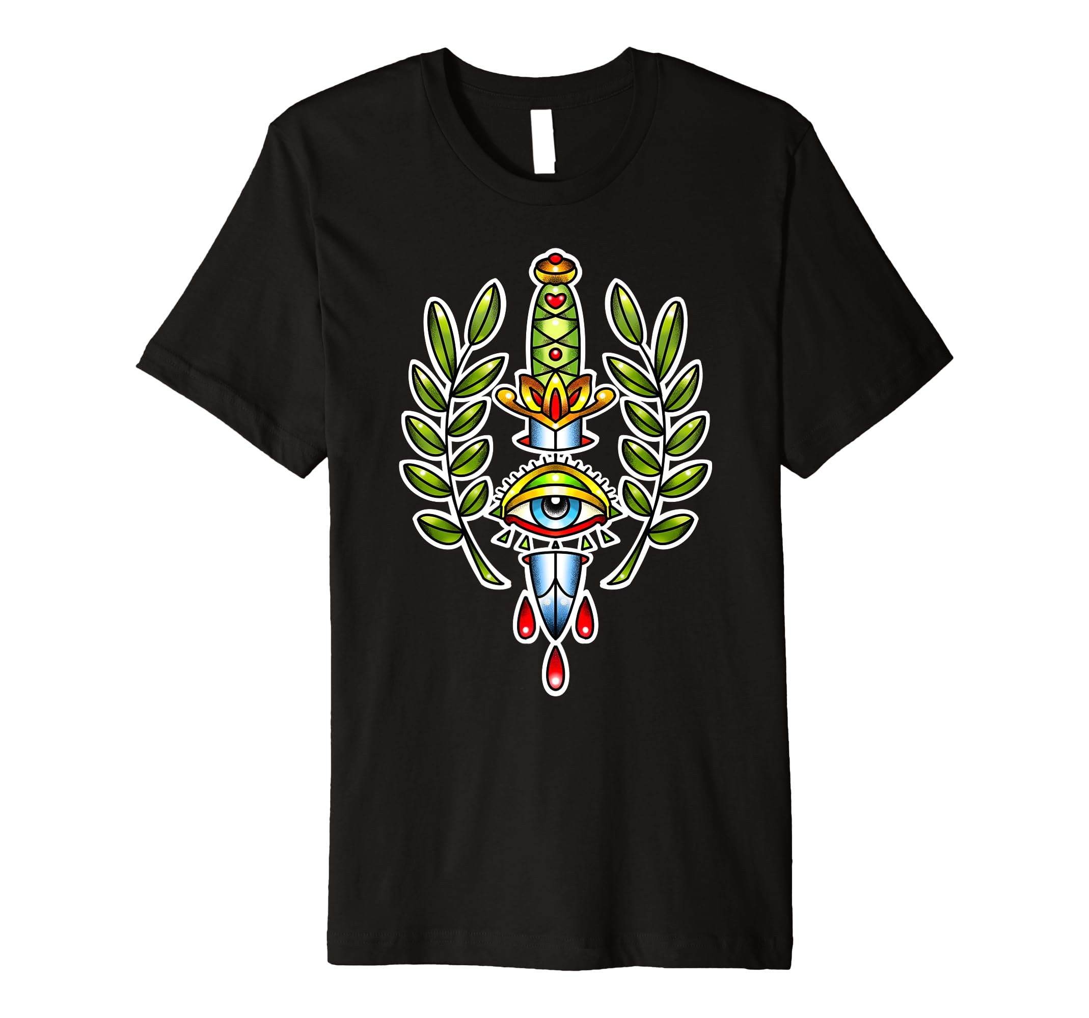 Traditional Tattoo Dagger Knife Eye Laurel T-Shirt - Unique Graphic Unisex - T-Shirt, Sweatshirt, Hoodie