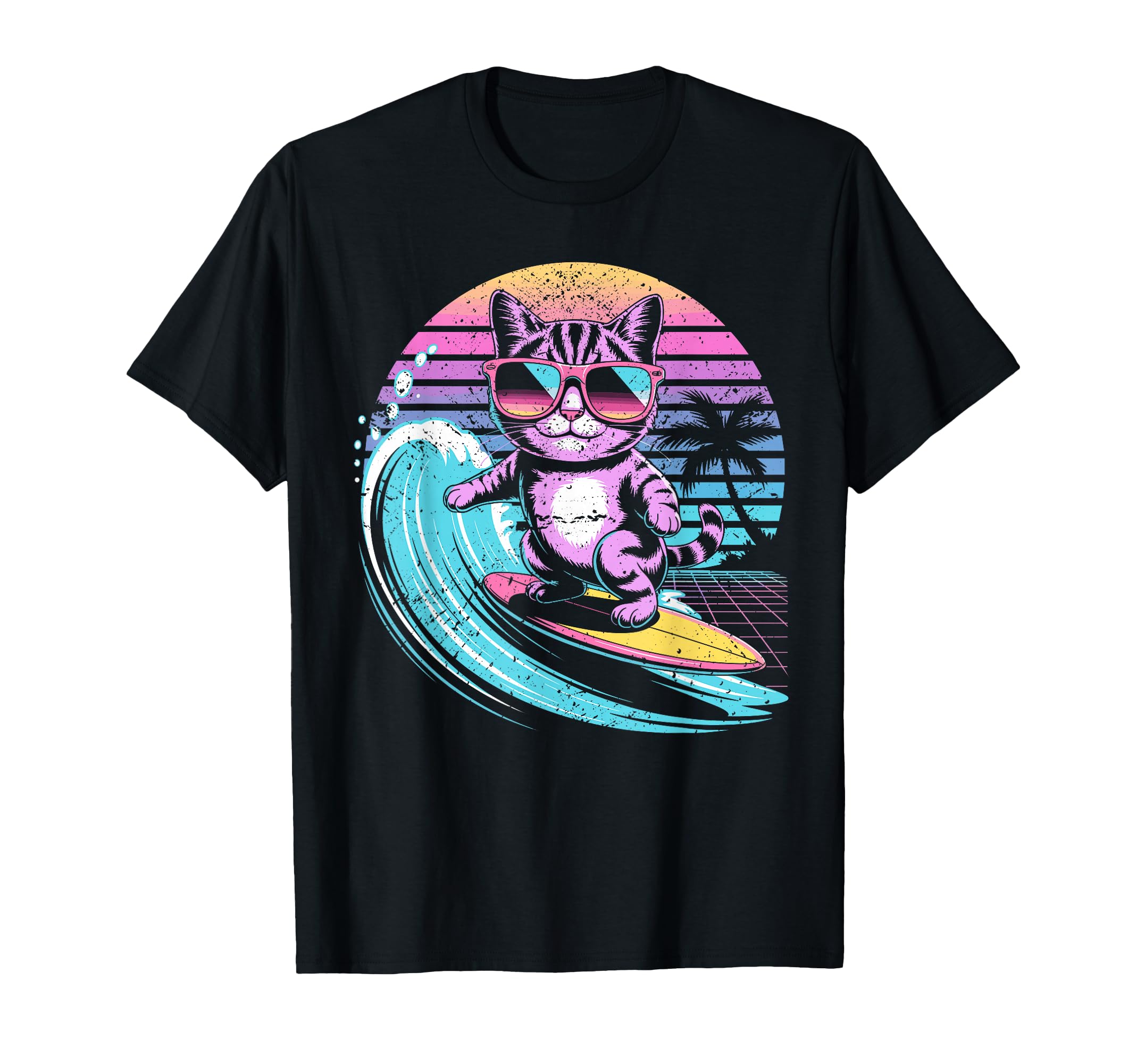 Surfing Cat 80S Synthwave Summer T-Shirt - Streetwear Style for Adults - T-Shirt, Sweatshirt, Hoodie