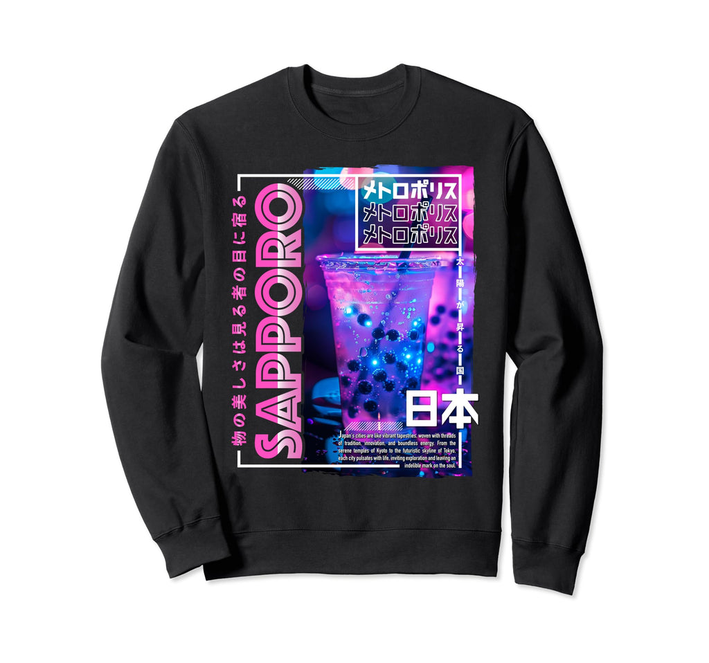 Sapporo City 80S Synthwave Boba Tea Sweatshirt - Graphic Print Men Women - T-Shirt, Sweatshirt, Hoodie