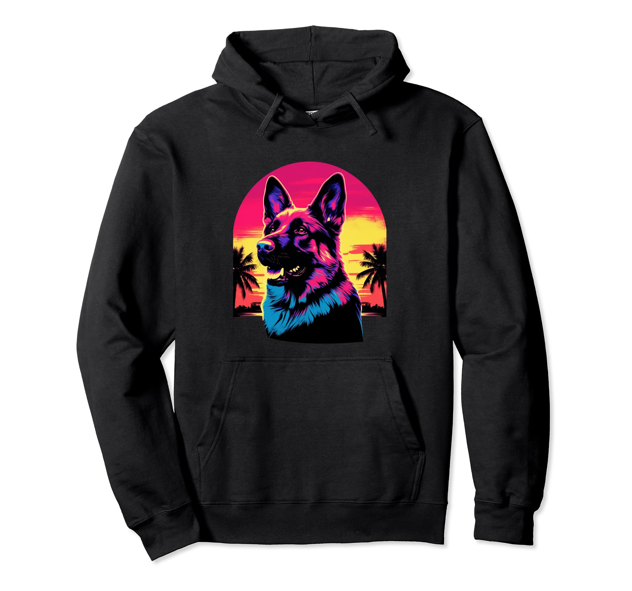 German Shepherd 80S Synthwave Sunset Hoodie - Fun Novelty Design Unisex - T-Shirt, Sweatshirt, Hoodie