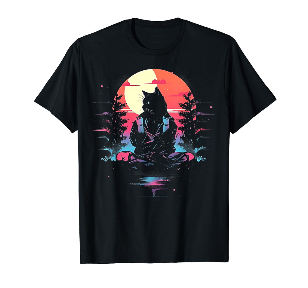 Synthwave Cat Samurai Mediation T-Shirt - Casual Everyday Wear for Adults - T-Shirt, Sweatshirt, Hoodie