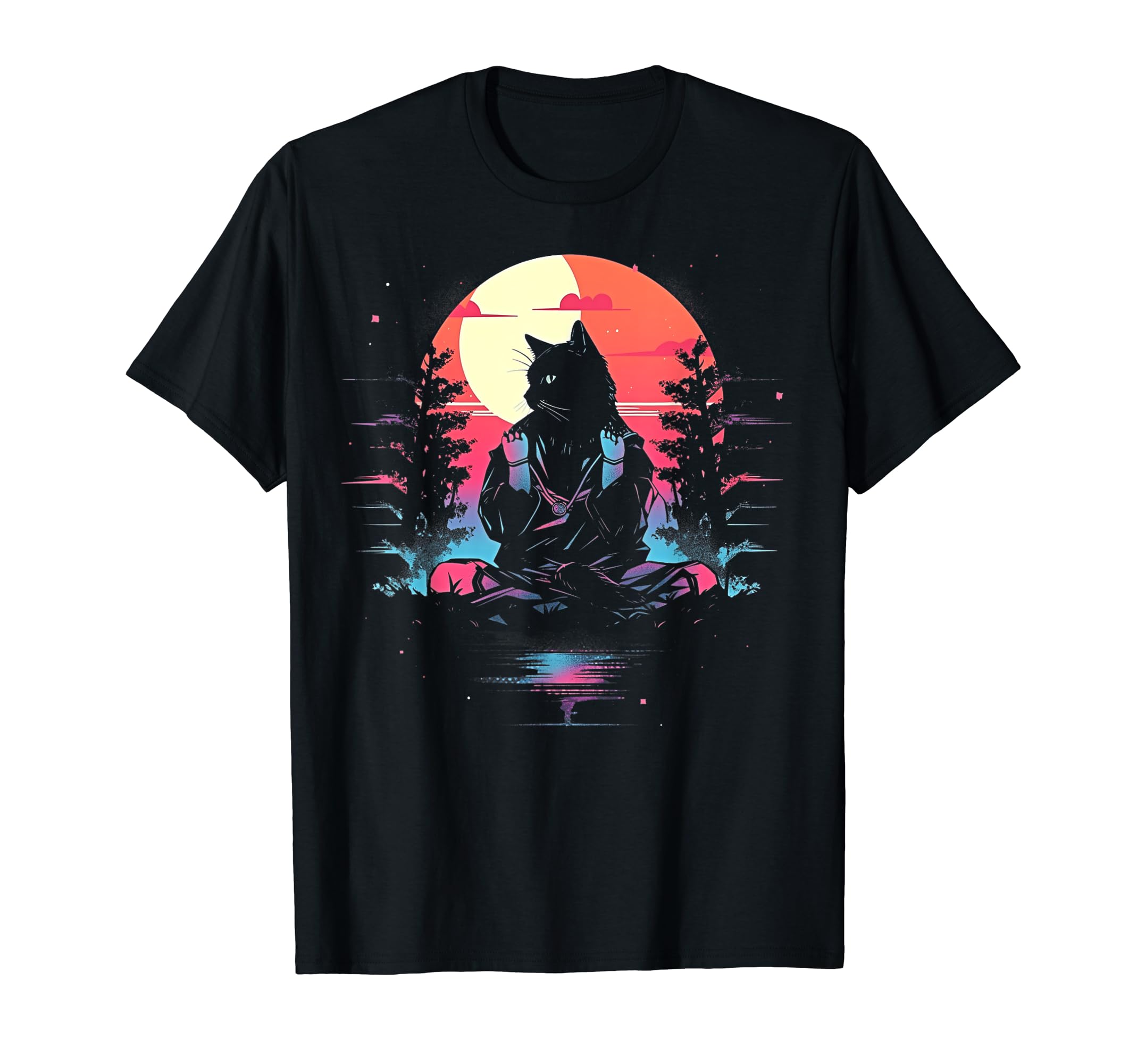Synthwave Cat Samurai Mediation T-Shirt - Casual Everyday Wear for Adults - T-Shirt, Sweatshirt, Hoodie