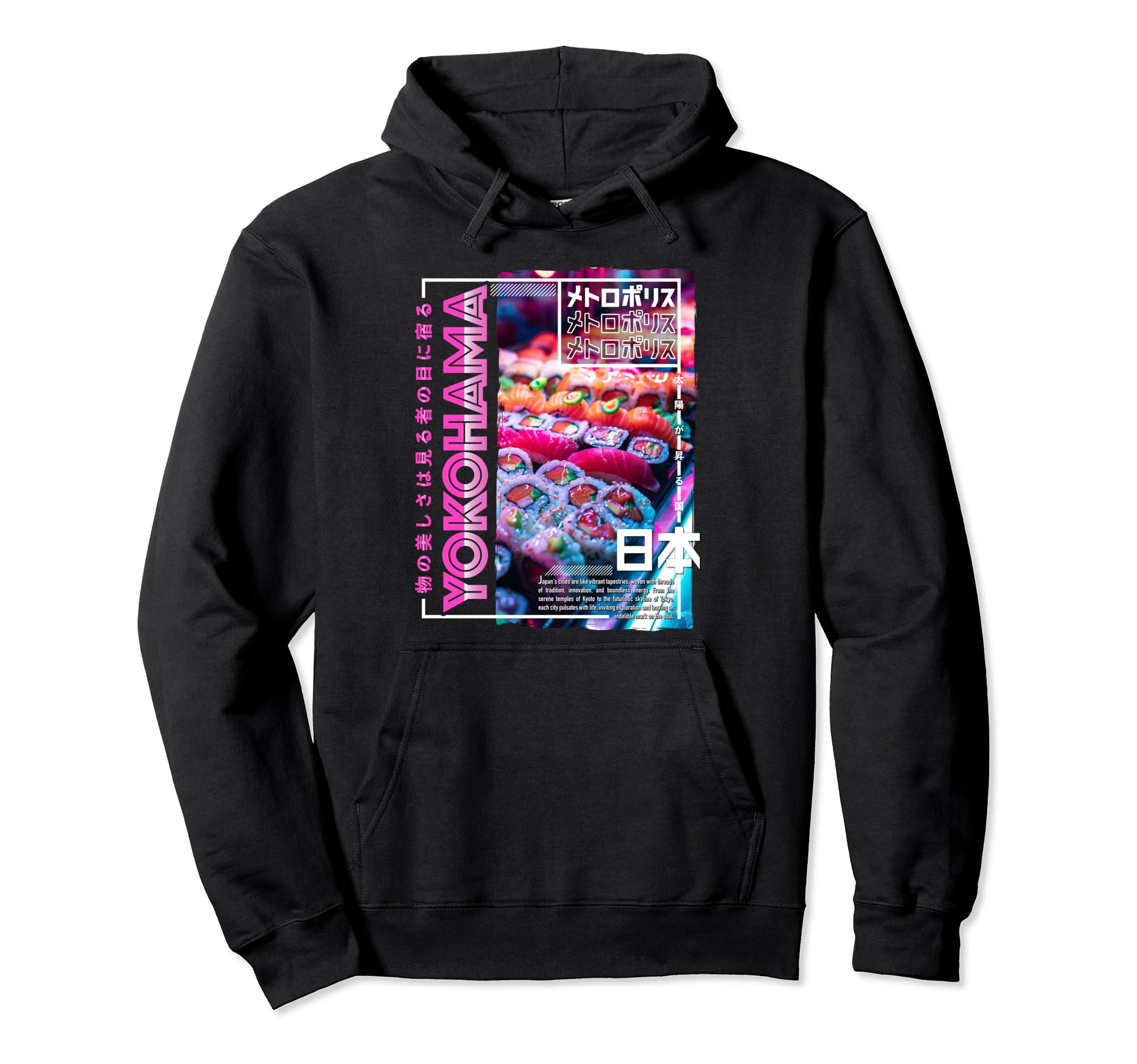 Yokohama City 80S Synthwave Sushi Japan Hoodie - Minimalist Print Unisex - T-Shirt, Sweatshirt, Hoodie