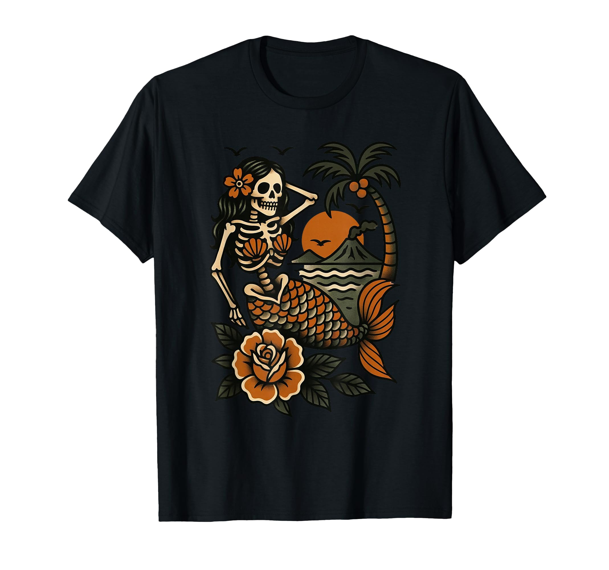Skeleton Mermaid Tattoo Flash American T-Shirt - Minimalist Print Unisex - T-Shirt, Sweatshirt, Hoodie
