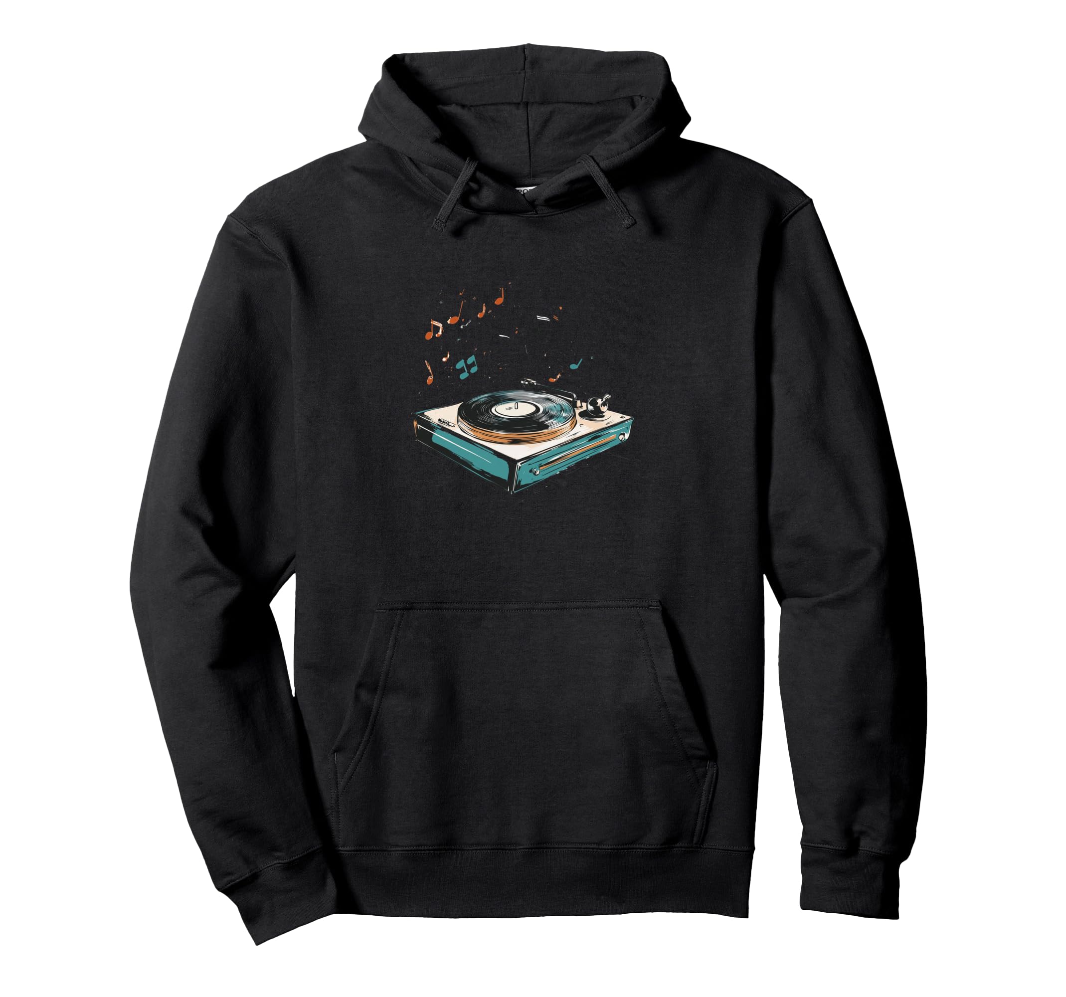 Vinyl Record Player Musical Notes Hoodie - Casual Everyday Wear Men Women - T-Shirt, Sweatshirt, Hoodie