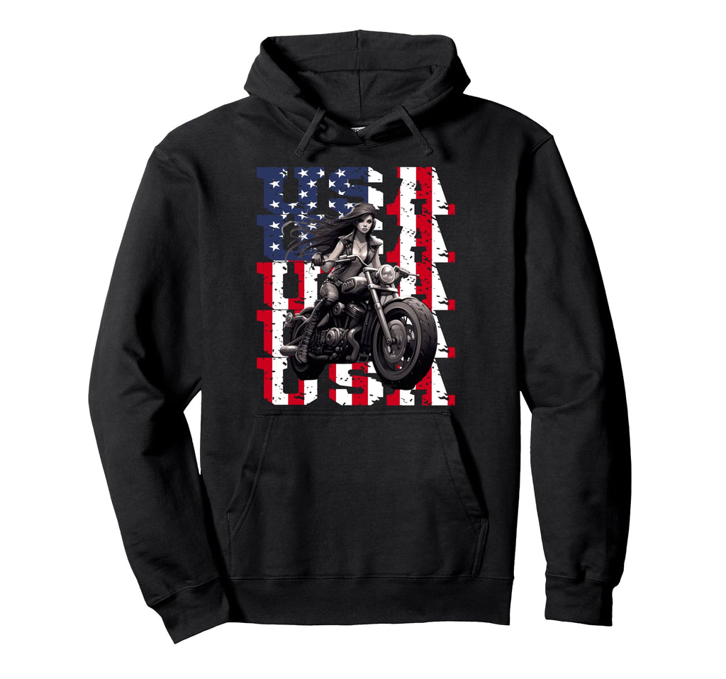 Motorcycle American Flag Helmet Biker Hoodie - Unique Graphic Unisex - T-Shirt, Sweatshirt, Hoodie