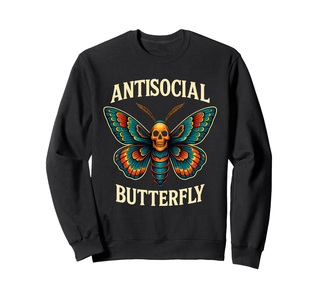 Antisocial Butterfly Skull Goth Moth Art Sweatshirt - Trendy Graphic Unisex - T-Shirt, Sweatshirt, Hoodie