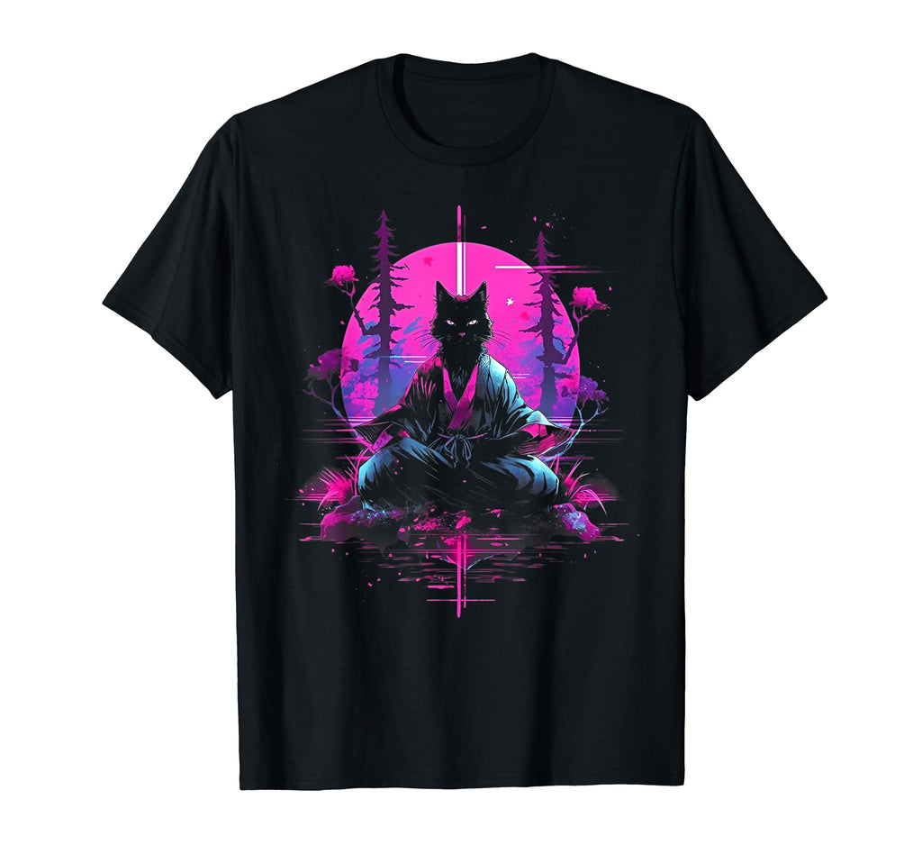 Synthwave Cat Samurai Mediation T-Shirt - Minimalist Print Unisex - T-Shirt, Sweatshirt, Hoodie