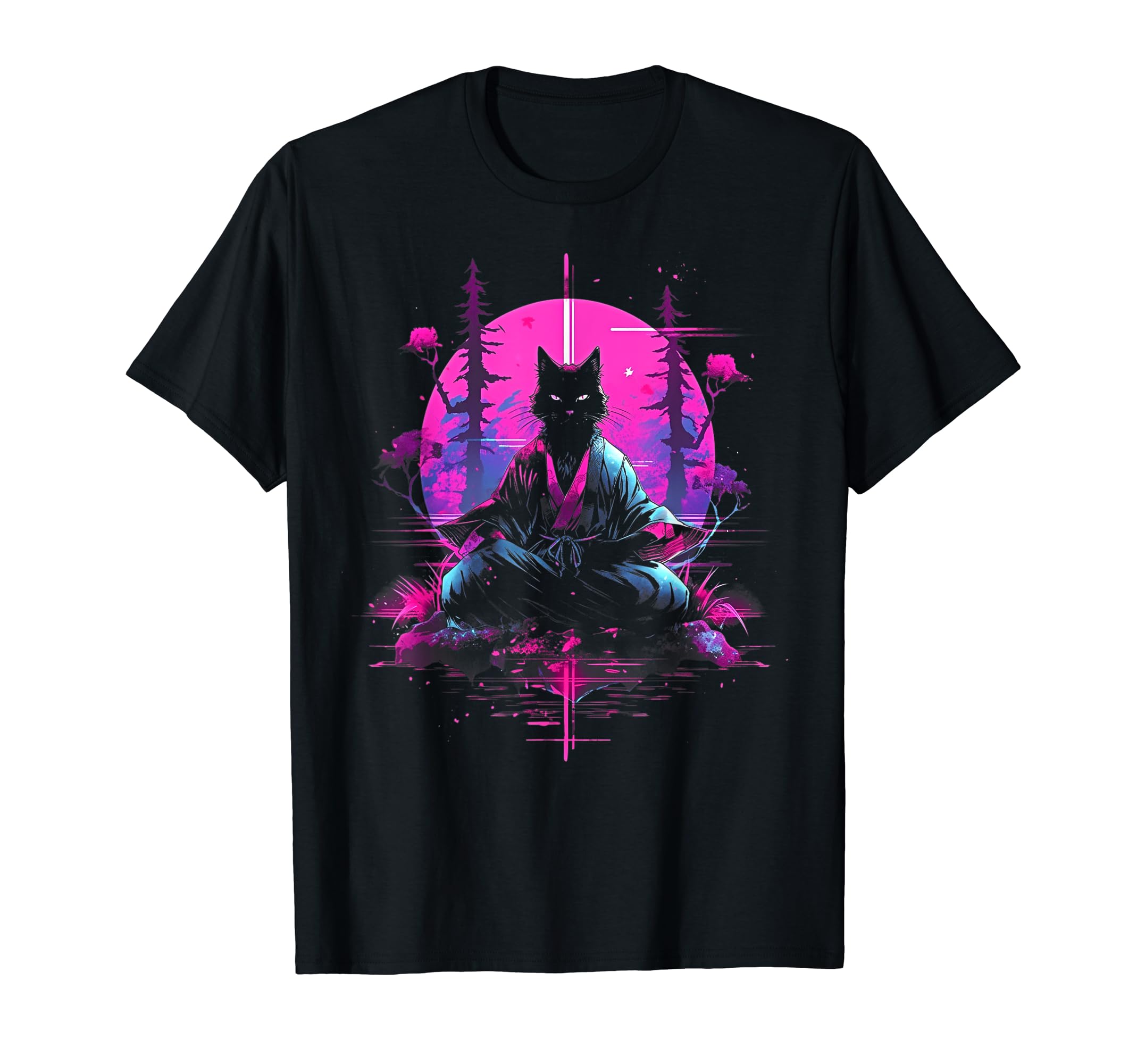 Synthwave Cat Samurai Mediation T-Shirt - Minimalist Print Unisex - T-Shirt, Sweatshirt, Hoodie