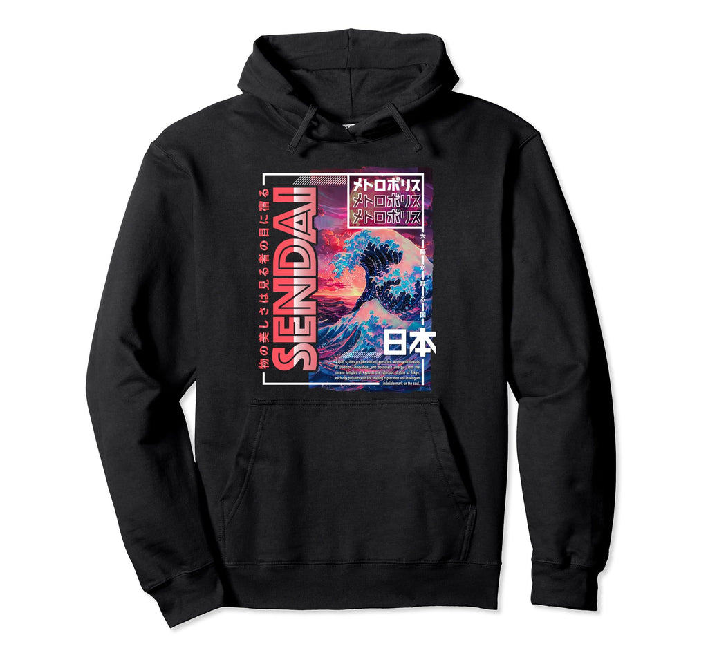 Sendai City 80S Synthwave Kanagawa Wave Hoodie - Novelty Apparel Men Women - T-Shirt, Sweatshirt, Hoodie