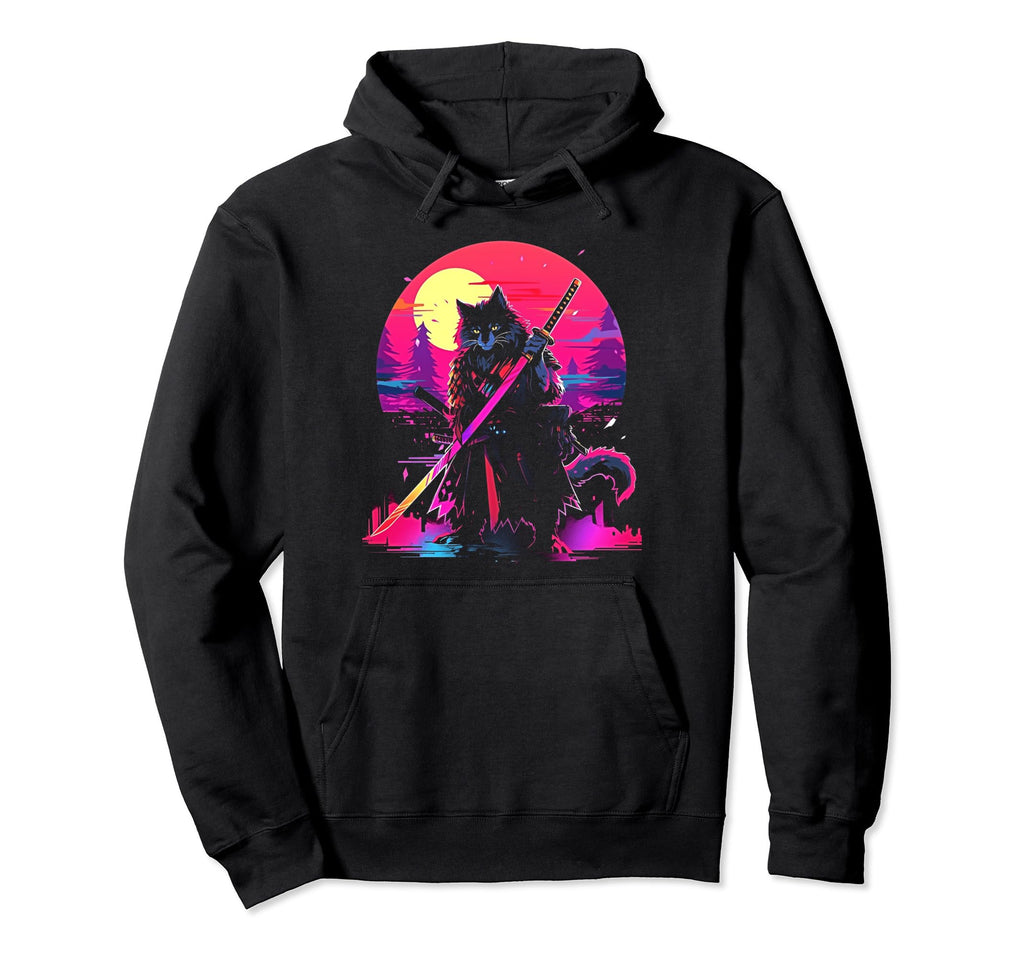 Synthwave Cat Samurai Mediation Vaporwave Hoodie - Trendy Graphic Unisex - T-Shirt, Sweatshirt, Hoodie