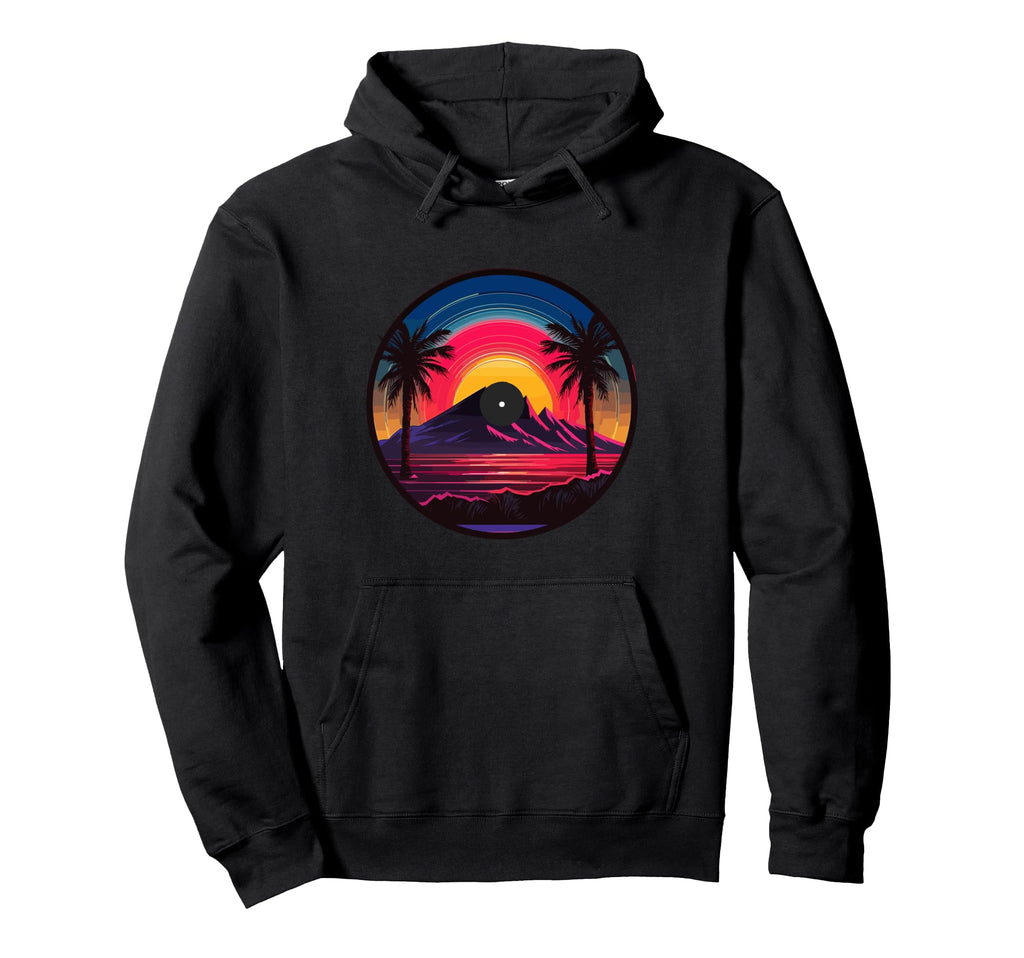 Palm Tree Vinyl Record Vaporwave Hoodie - Fun Novelty Design Men Women - T-Shirt, Sweatshirt, Hoodie