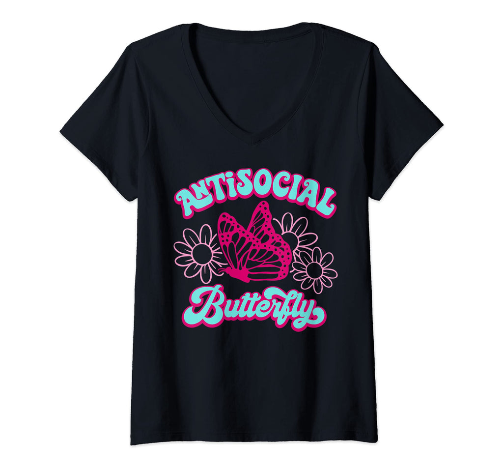 Womens Antisocial Butterfly V Neck T-Shirt - Casual Everyday Wear Unisex - T-Shirt, Sweatshirt, Hoodie
