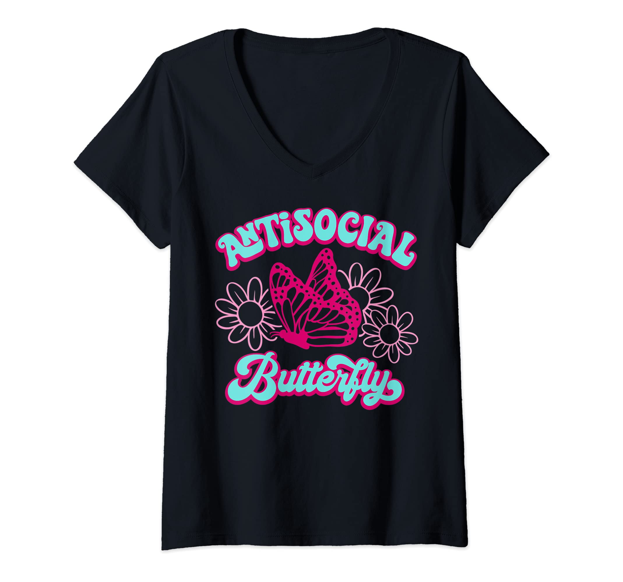 Womens Antisocial Butterfly V Neck T-Shirt - Casual Everyday Wear Unisex - T-Shirt, Sweatshirt, Hoodie