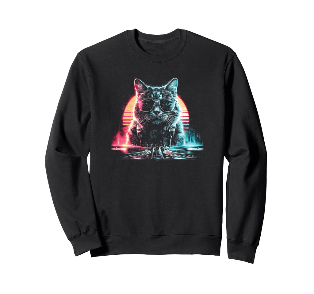 Synthwave Cat Dj 80S Music Party Art Sweatshirt - Graphic Print for Adults - T-Shirt, Sweatshirt, Hoodie