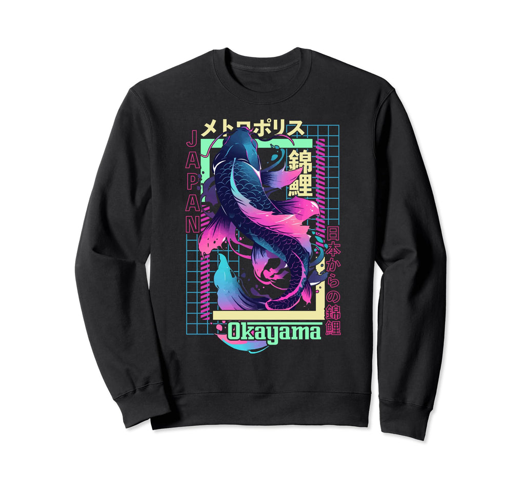 Okayama City Synthwave 80S Koi Carp Sweatshirt - Trendy Graphic for Adults - T-Shirt, Sweatshirt, Hoodie