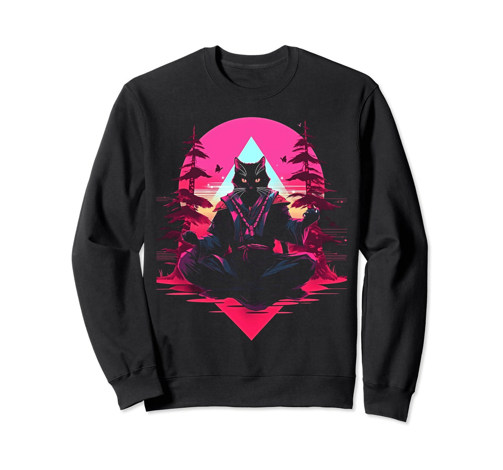 Synthwave Cat Samurai Mediation Sweatshirt - Aesthetic Graphic Unisex - T-Shirt, Sweatshirt, Hoodie