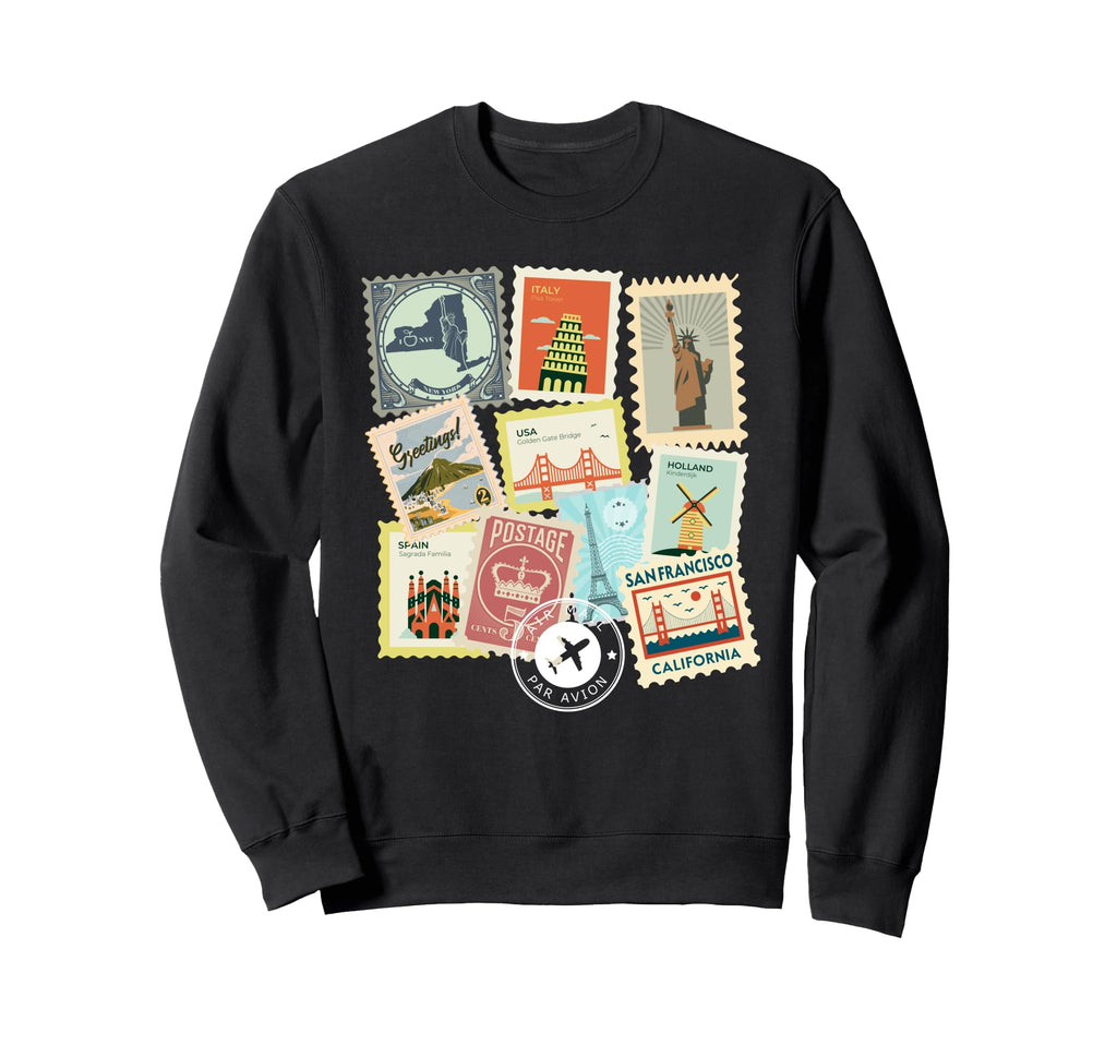 Travel Postage Stamps Vacation Sweatshirt - Fun Novelty Design Unisex - T-Shirt, Sweatshirt, Hoodie