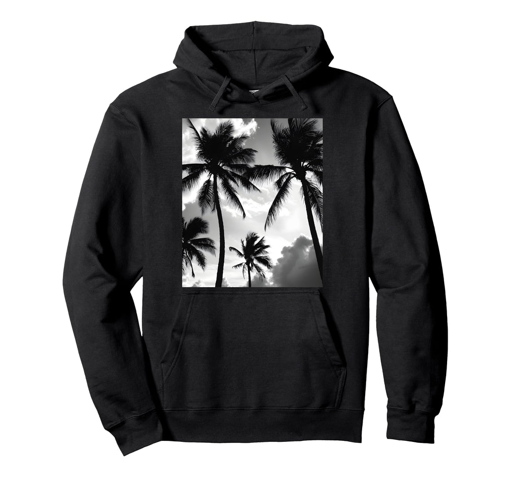 Black White Photo Palm Trees Sunset Hoodie - Trendy Graphic Unisex - T-Shirt, Sweatshirt, Hoodie