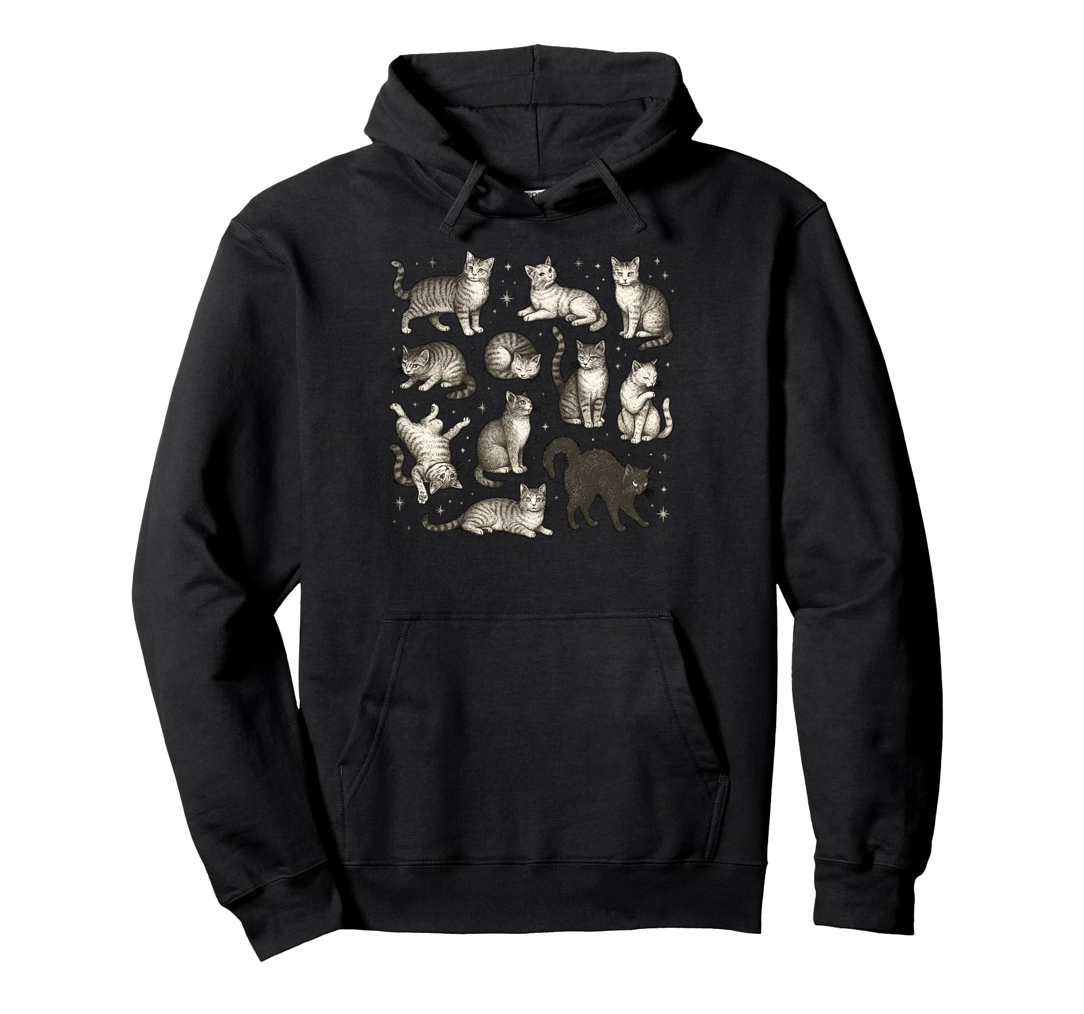 Cat Tattoo Stars And Multiple Poses Hoodie - Unique Graphic for Adults - T-Shirt, Sweatshirt, Hoodie