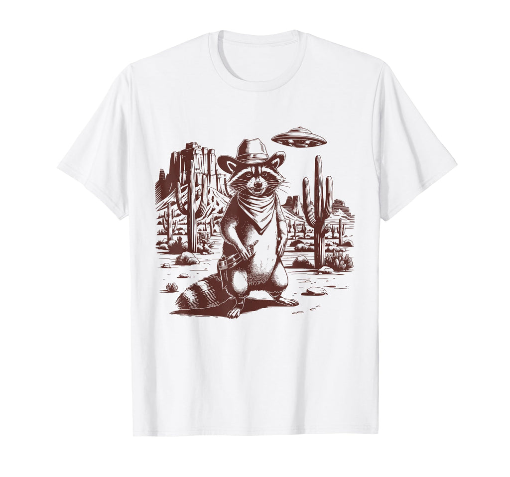 Raccoon Ufo Western Alien 90S Cowboy T-Shirt - Graphic Print for Adults - T-Shirt, Sweatshirt, Hoodie