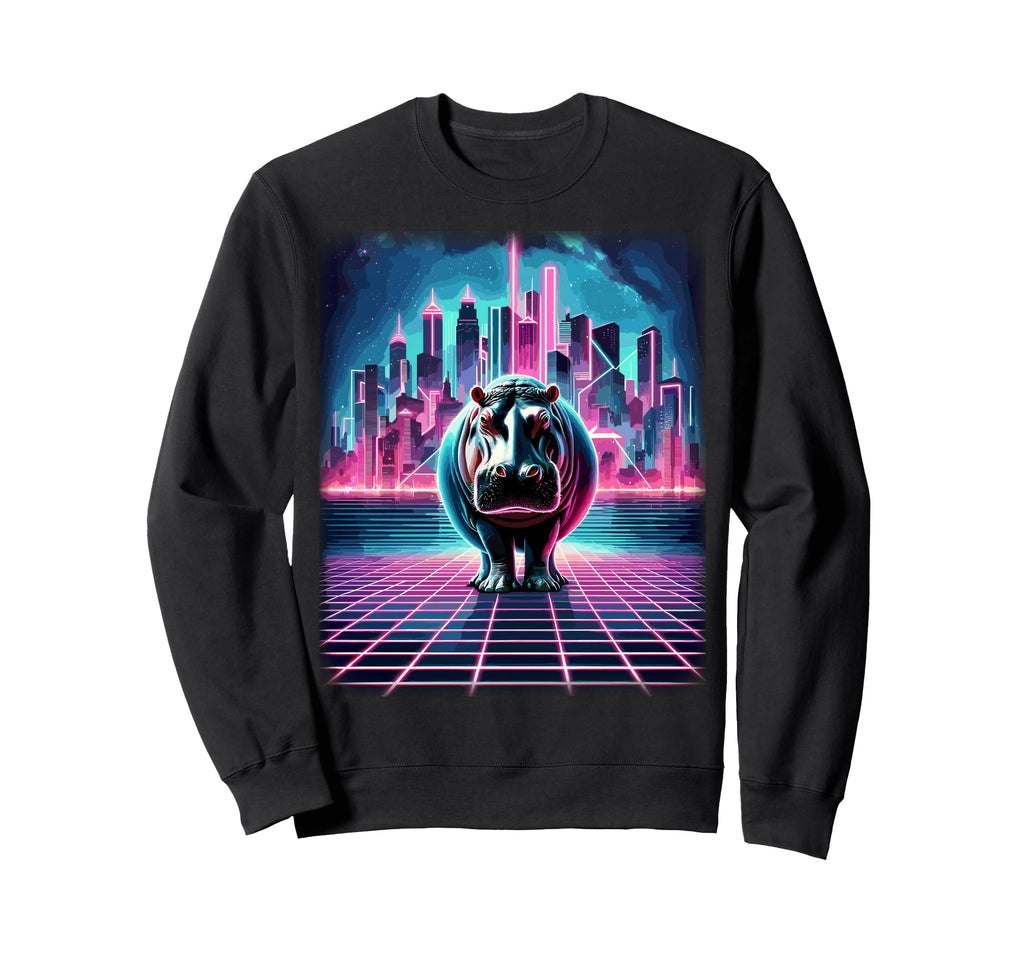Synthwave Aesthetic Hippopotamus Sweatshirt - Custom Art Print for Adults - T-Shirt, Sweatshirt, Hoodie