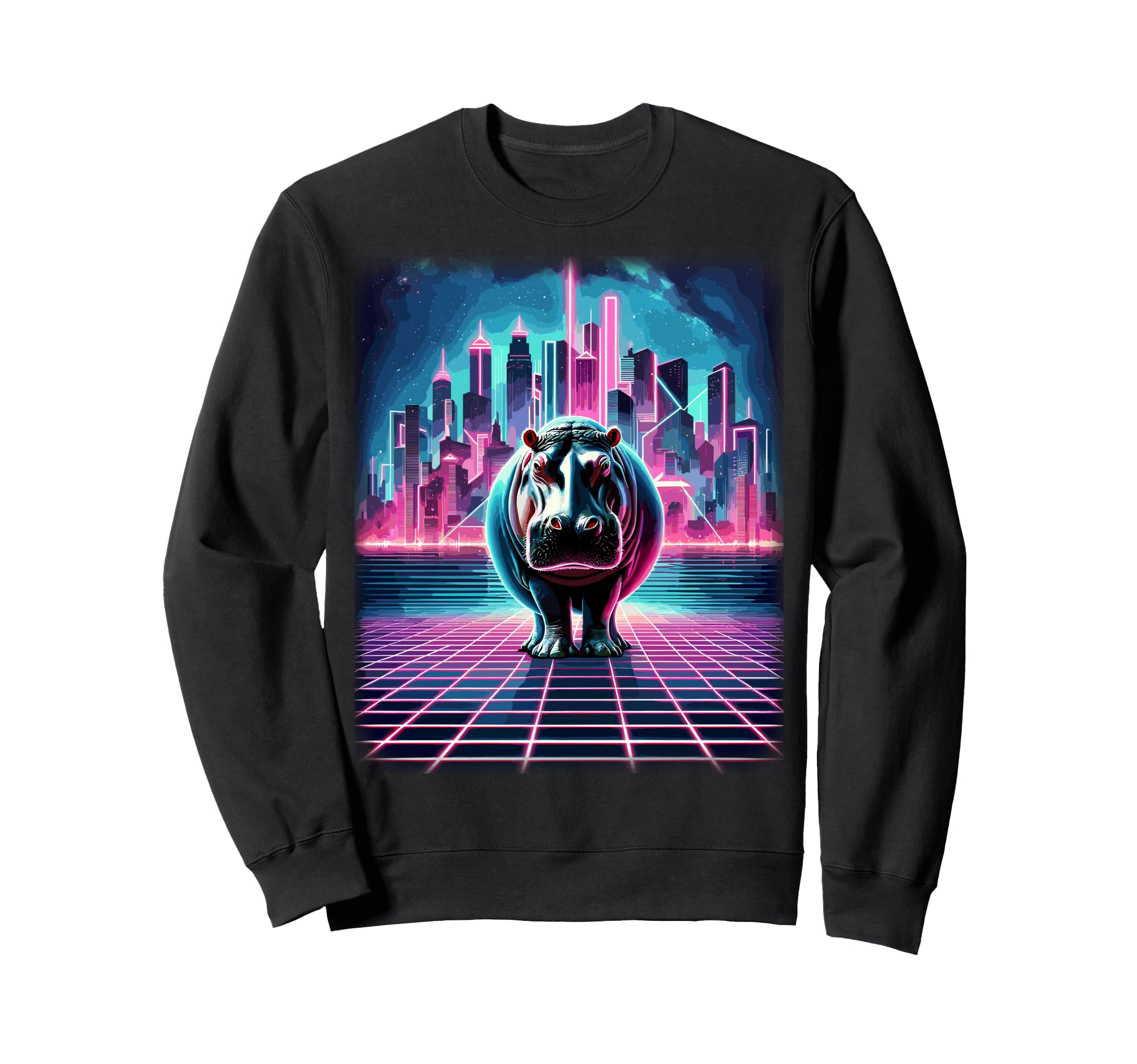 Synthwave Aesthetic Hippopotamus Sweatshirt - Custom Art Print for Adults - T-Shirt, Sweatshirt, Hoodie