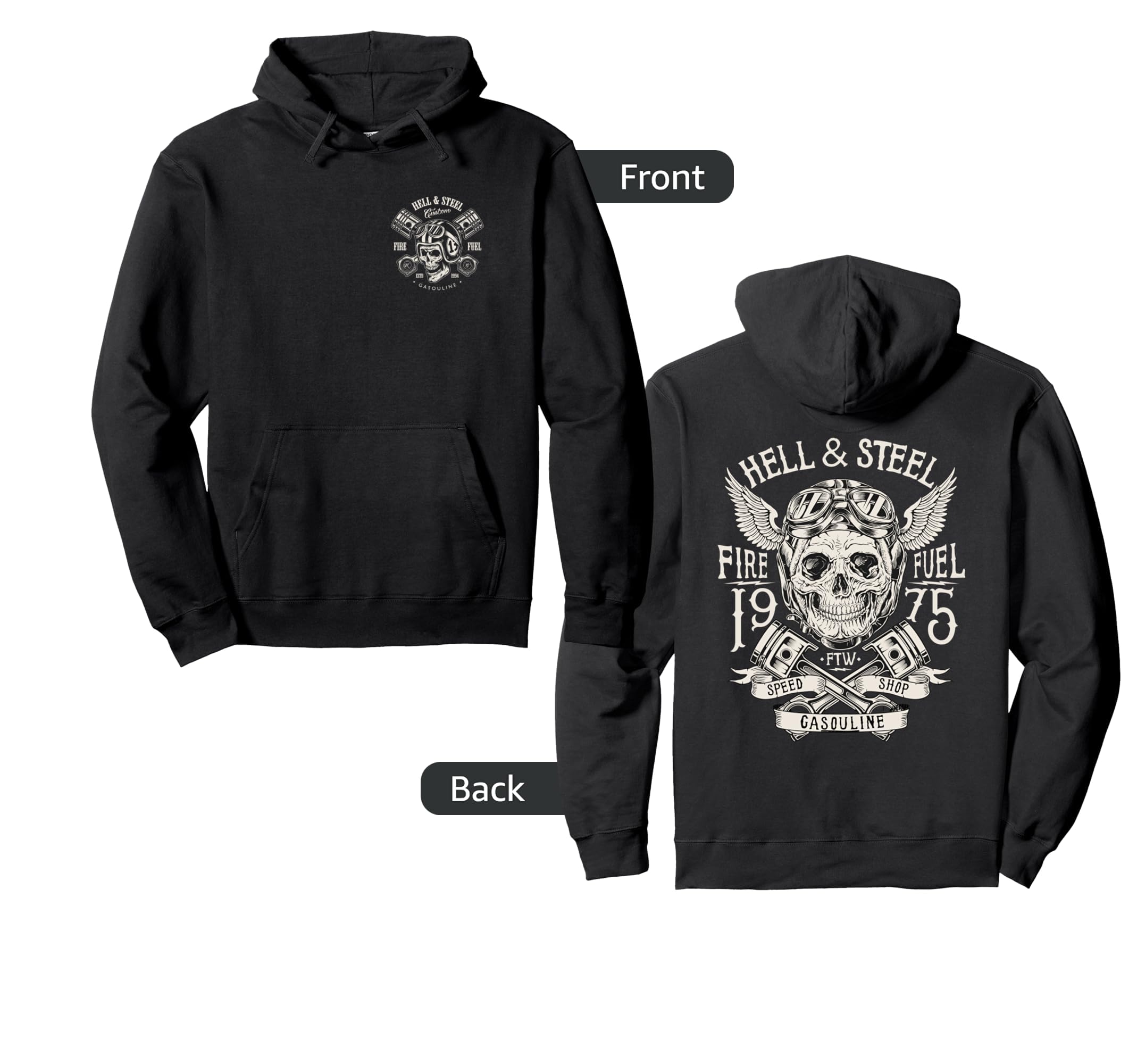 2 Sided Hell And Steel Skull Pistons Hoodie - Trendy Graphic for Adults - T-Shirt, Sweatshirt, Hoodie
