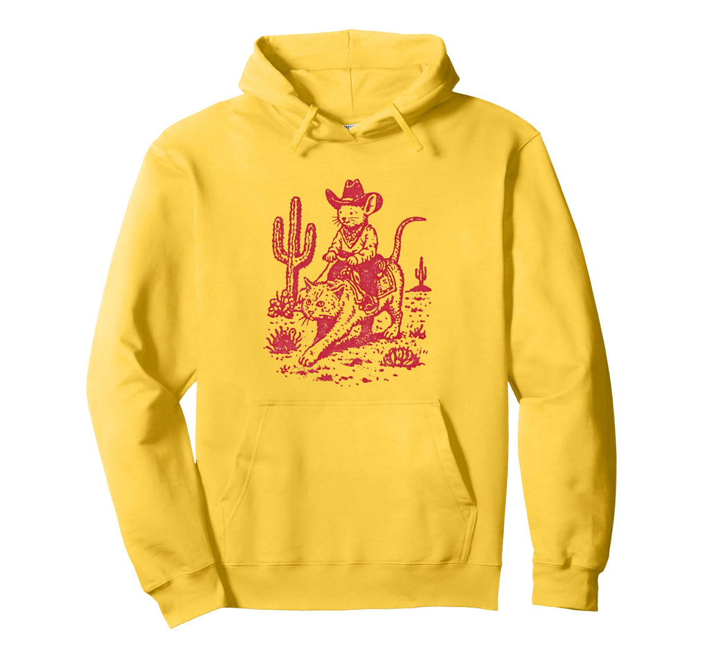 Cowboy Mouse Riding Cat Western Rodeo Hoodie - Casual Everyday Wear Unisex - T-Shirt, Sweatshirt, Hoodie