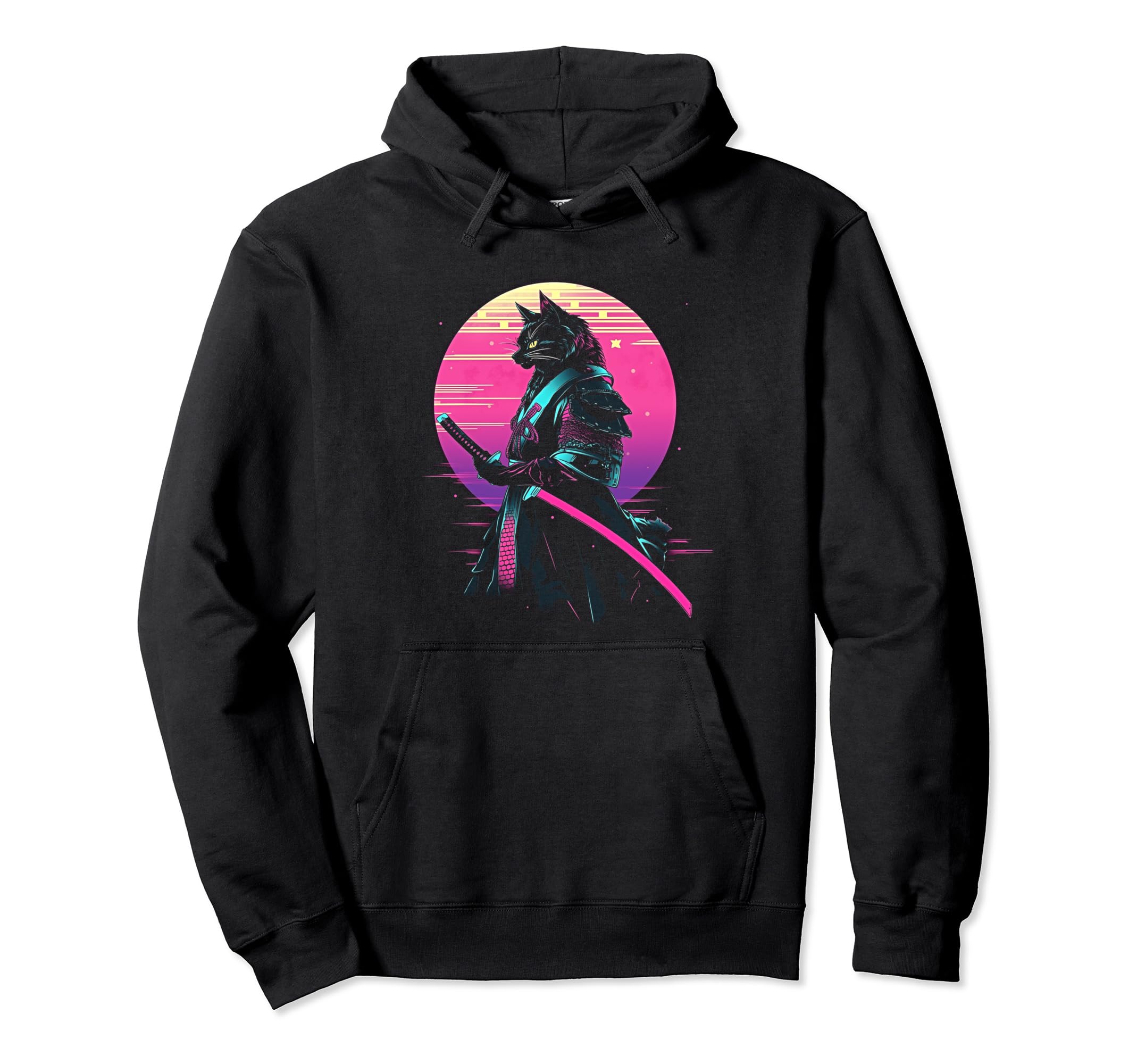 Synthwave Cat Samurai Mediation Vaporwave Hoodie - Minimalist Print Unisex - T-Shirt, Sweatshirt, Hoodie