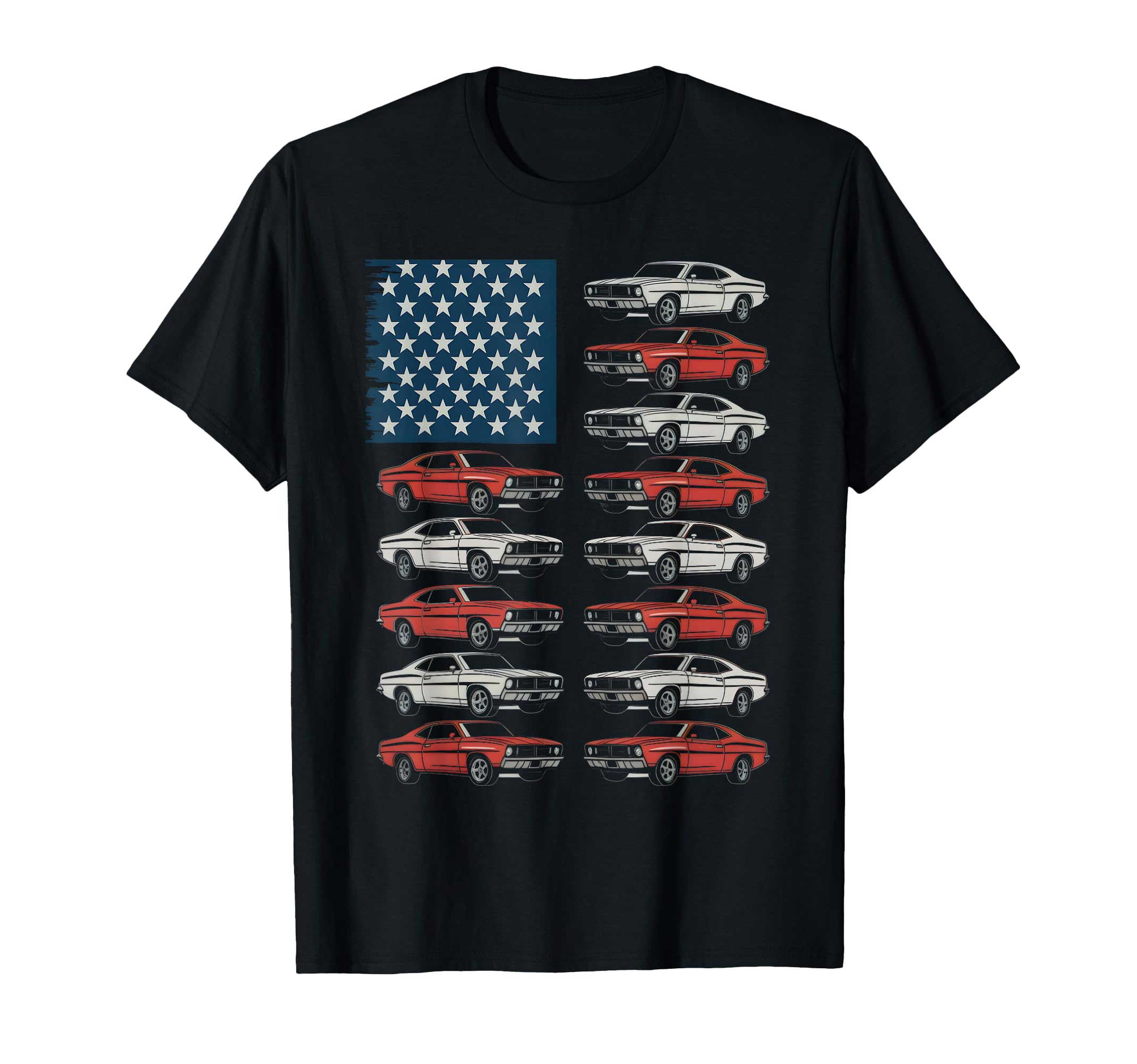 American Flag Muscle Cars T-Shirt - Casual Everyday Wear for Adults - T-Shirt, Sweatshirt, Hoodie