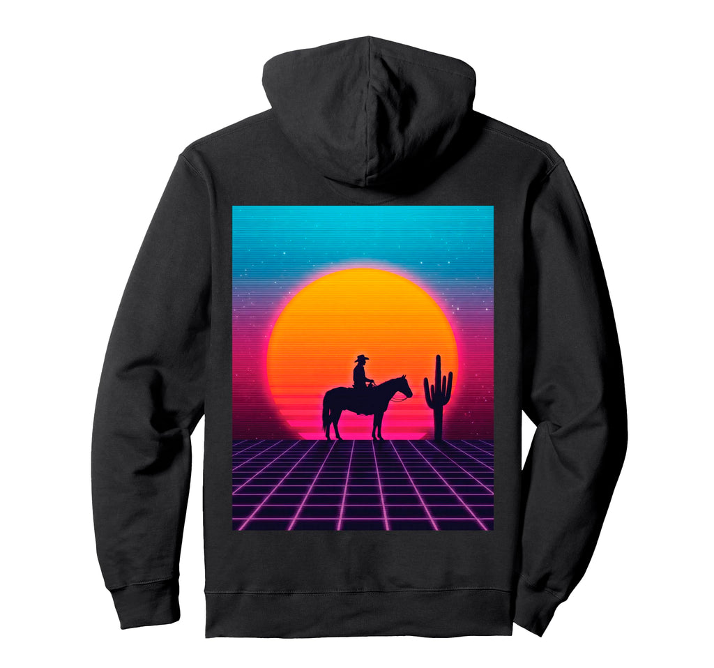 Synthwave Cowboy Retrowave 80S Western Hoodie - Unique Graphic Unisex - T-Shirt, Sweatshirt, Hoodie