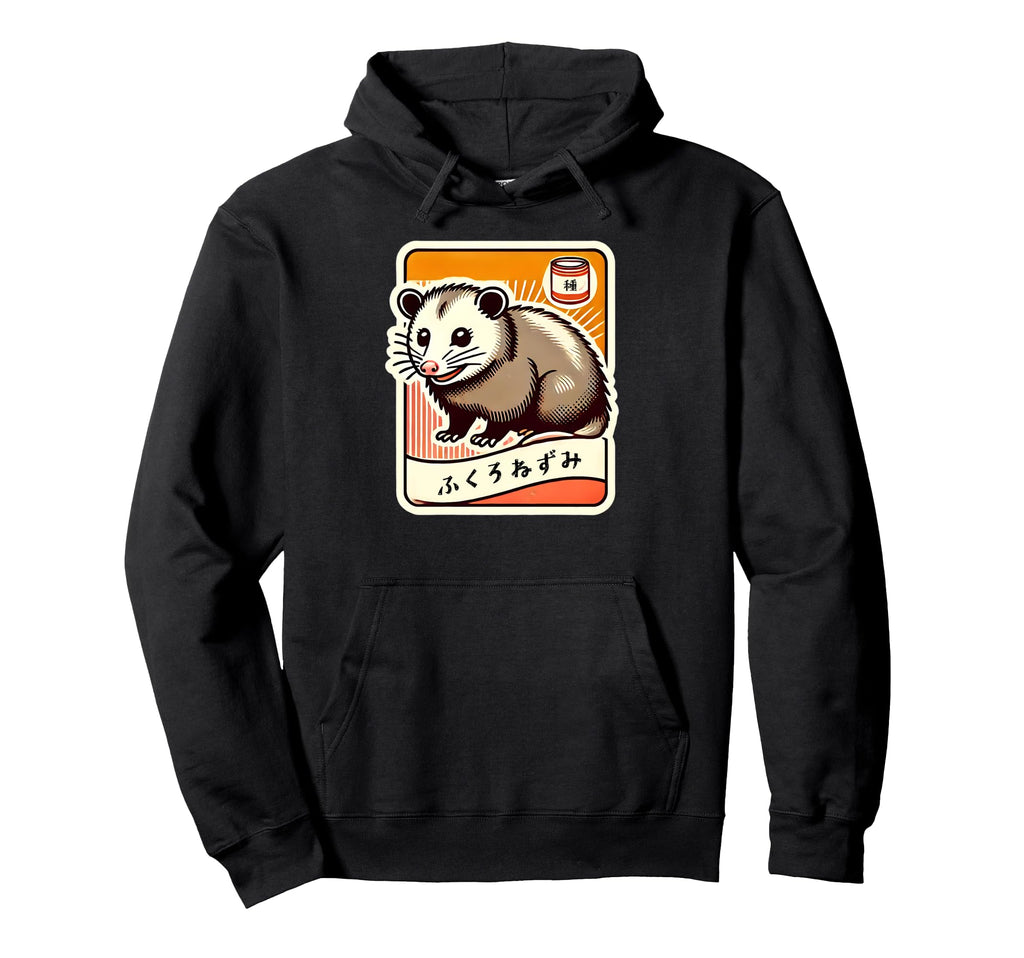 Playful Opossum Japanese Typography Hoodie - Minimalist Print for Adults - T-Shirt, Sweatshirt, Hoodie