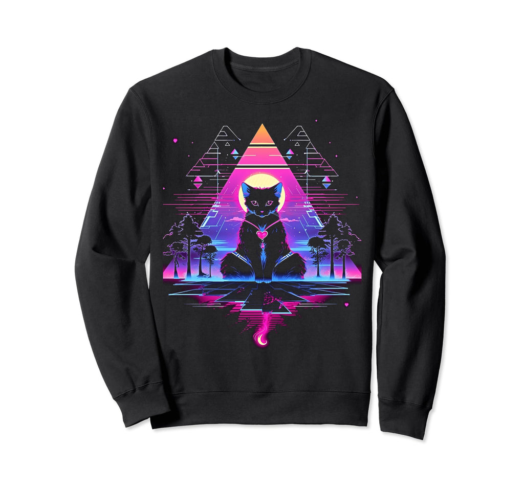 Synthwave Cat Samurai Mediation Sweatshirt - Unique Graphic Unisex - T-Shirt, Sweatshirt, Hoodie