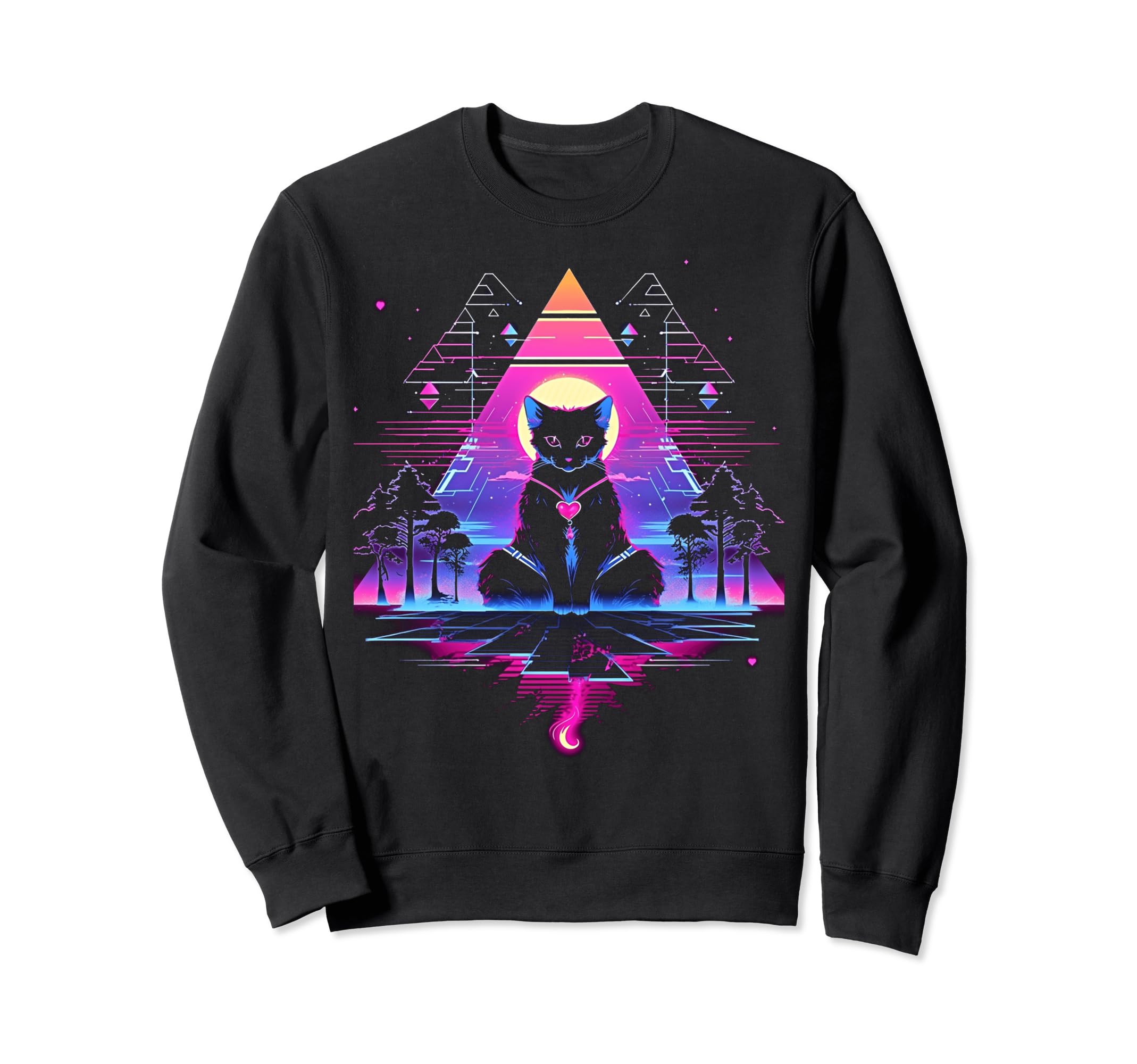 Synthwave Cat Samurai Mediation Sweatshirt - Unique Graphic Unisex - T-Shirt, Sweatshirt, Hoodie