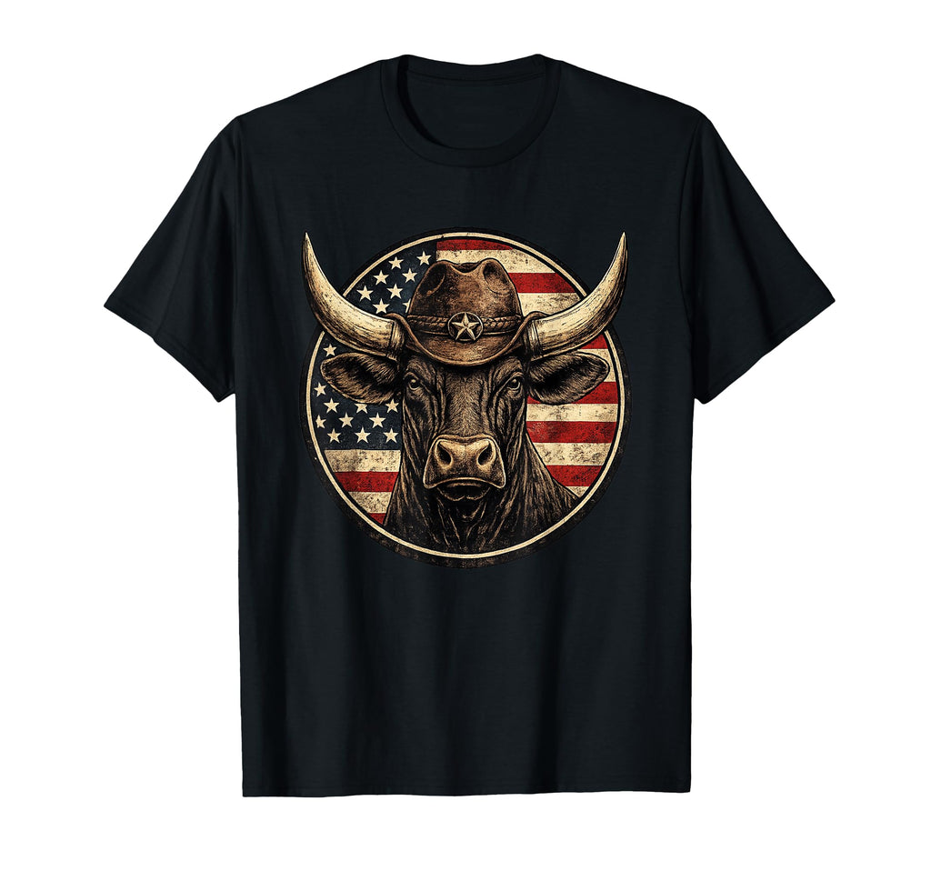 Patriotic Cowboy Bull American Flag T-Shirt - Fun Novelty Design Unisex - T-Shirt, Sweatshirt, Hoodie