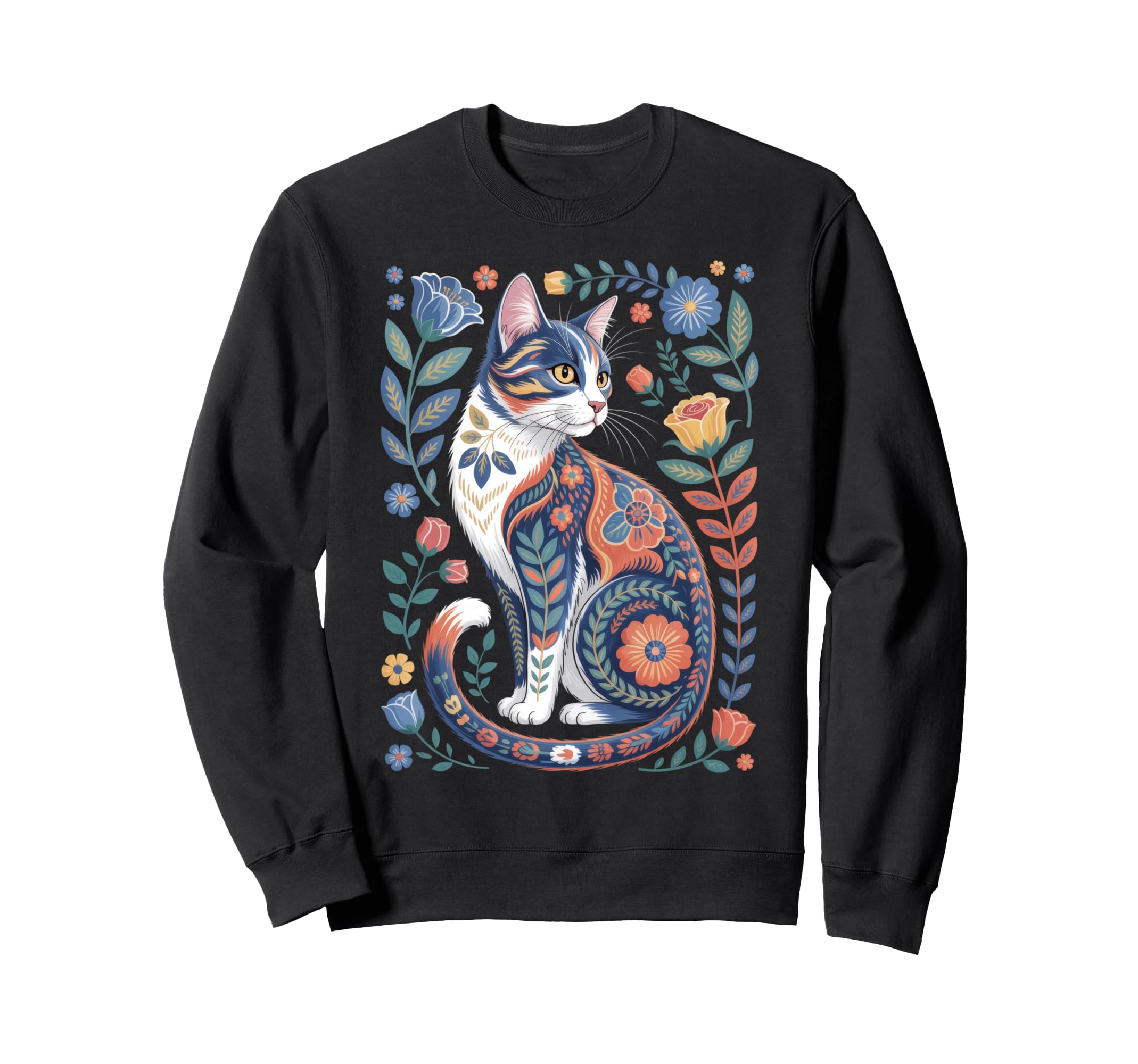 Cat Lover Flowers Art Pattern Sweatshirt - Casual Everyday Wear Unisex - T-Shirt, Sweatshirt, Hoodie