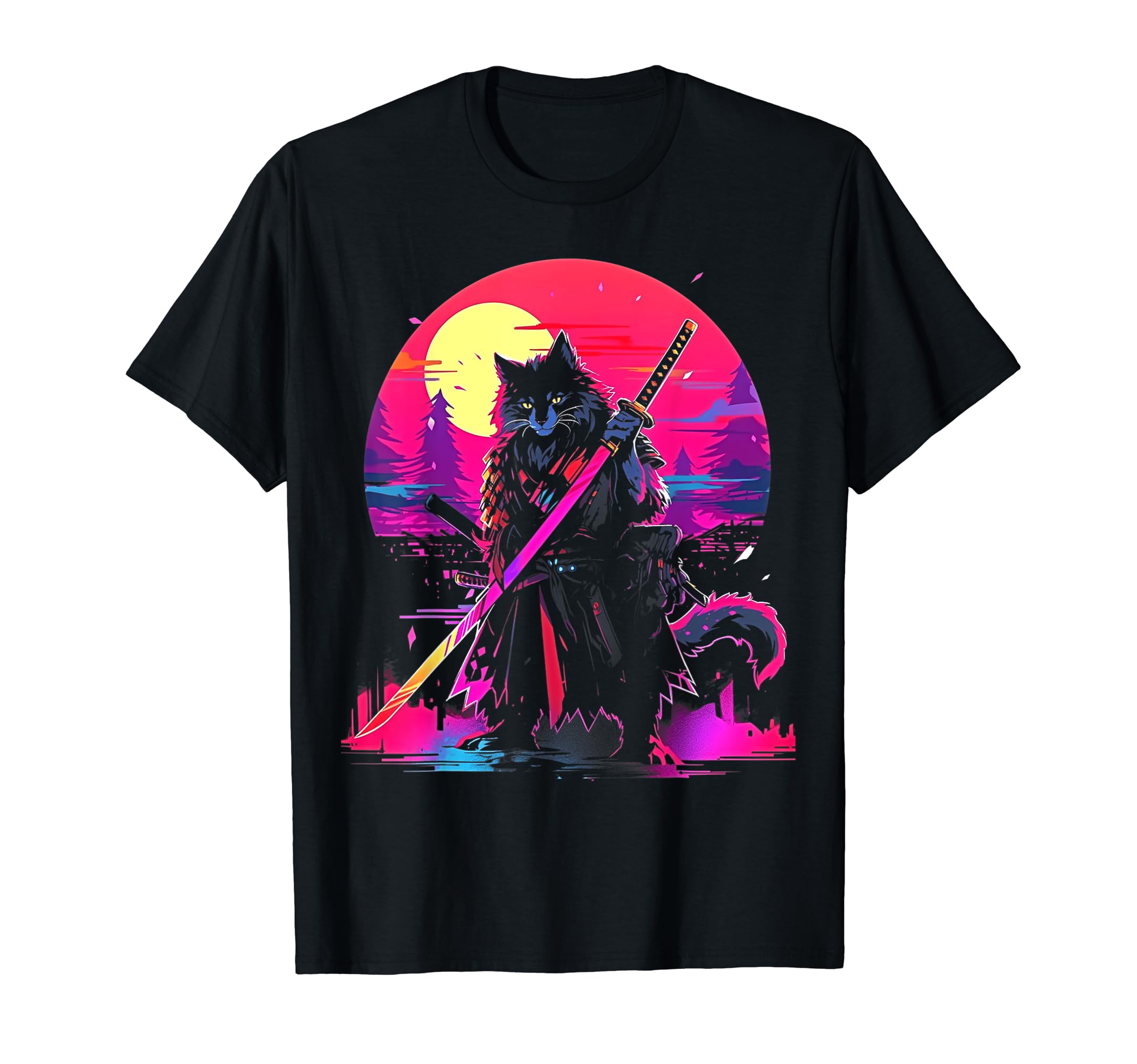 Synthwave Cat Samurai Mediation Vaporwave T-Shirt - Unique Graphic Unisex - T-Shirt, Sweatshirt, Hoodie