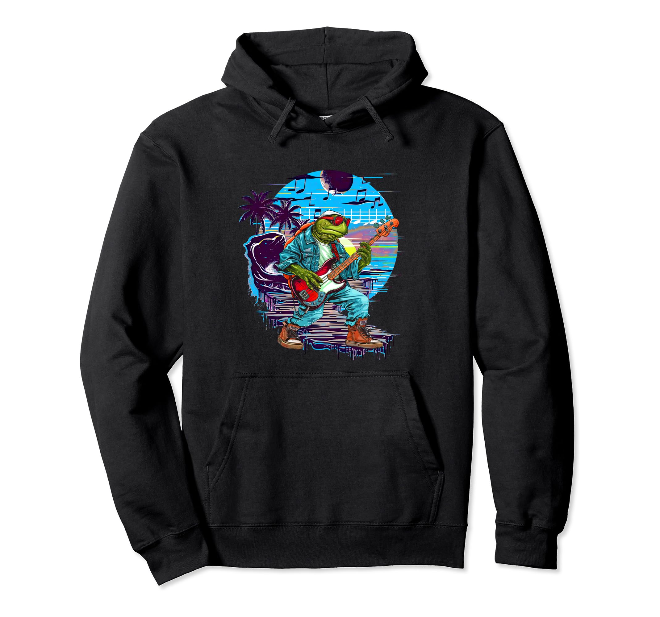 80S 90S Streetwear Rocker Turtle Bass Hoodie - Unique Graphic for Adults - T-Shirt, Sweatshirt, Hoodie