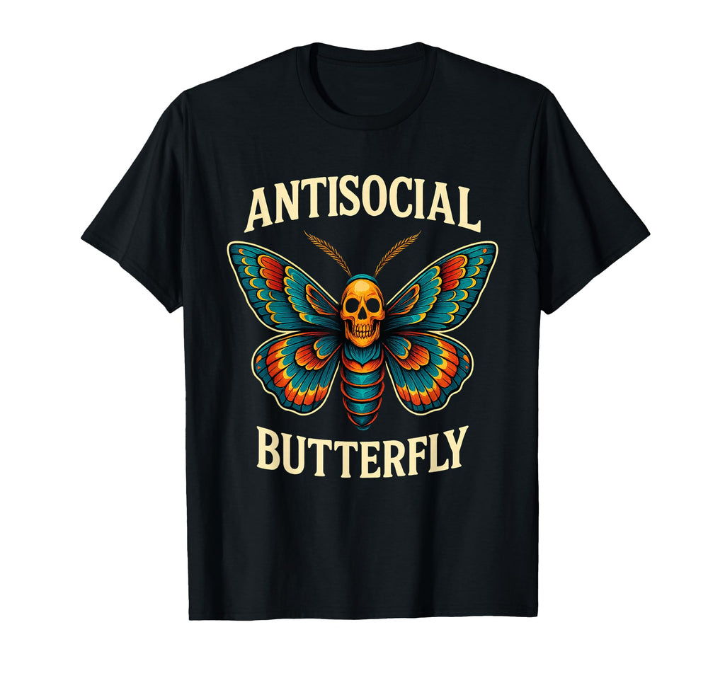 Antisocial Butterfly Skull Goth Moth Art T-Shirt - Unique Graphic Unisex - T-Shirt, Sweatshirt, Hoodie