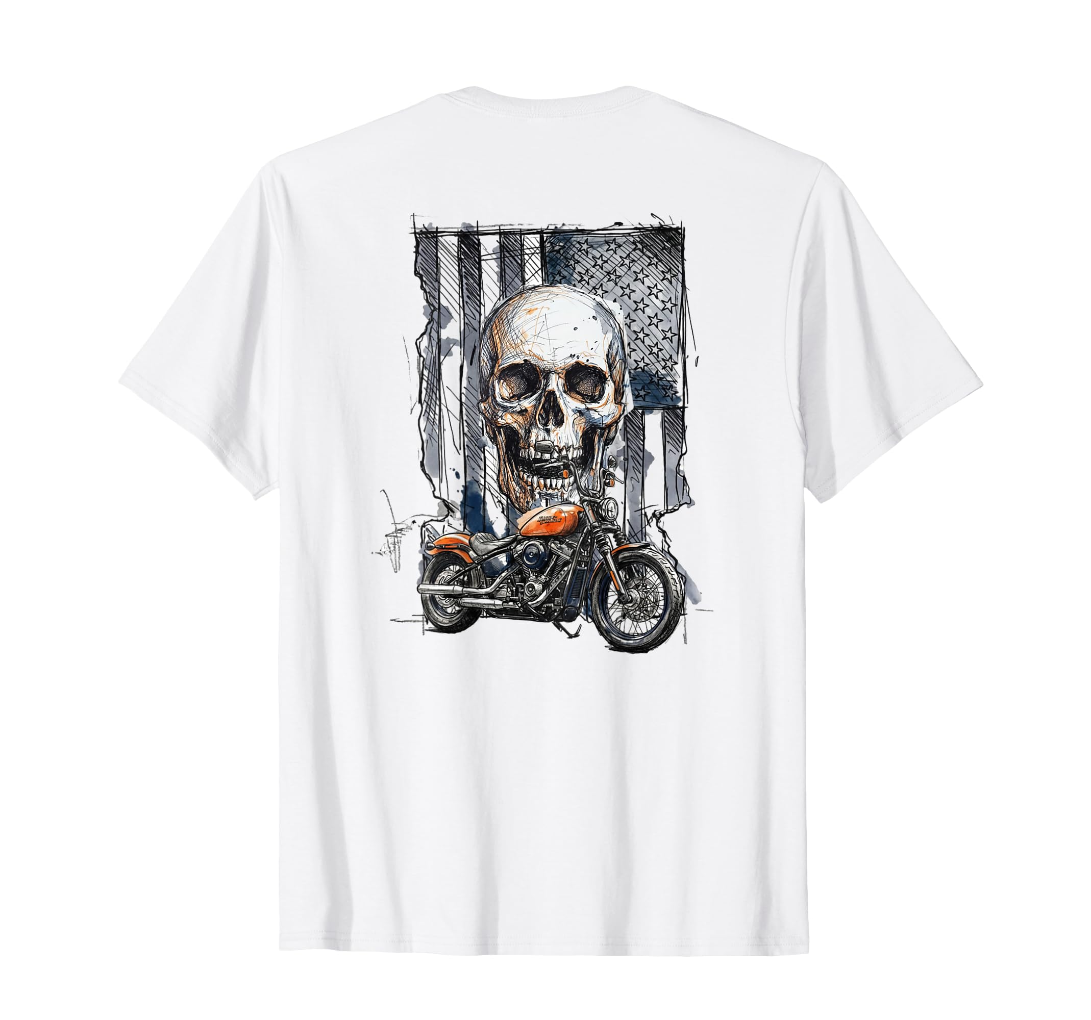 Biker Grunge Skull And Flag Motorcycle T-Shirt - Custom Art Print Unisex - T-Shirt, Sweatshirt, Hoodie