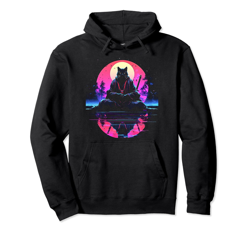 Synthwave Cat Samurai Mediation Hoodie - Unique Graphic Men Women - T-Shirt, Sweatshirt, Hoodie