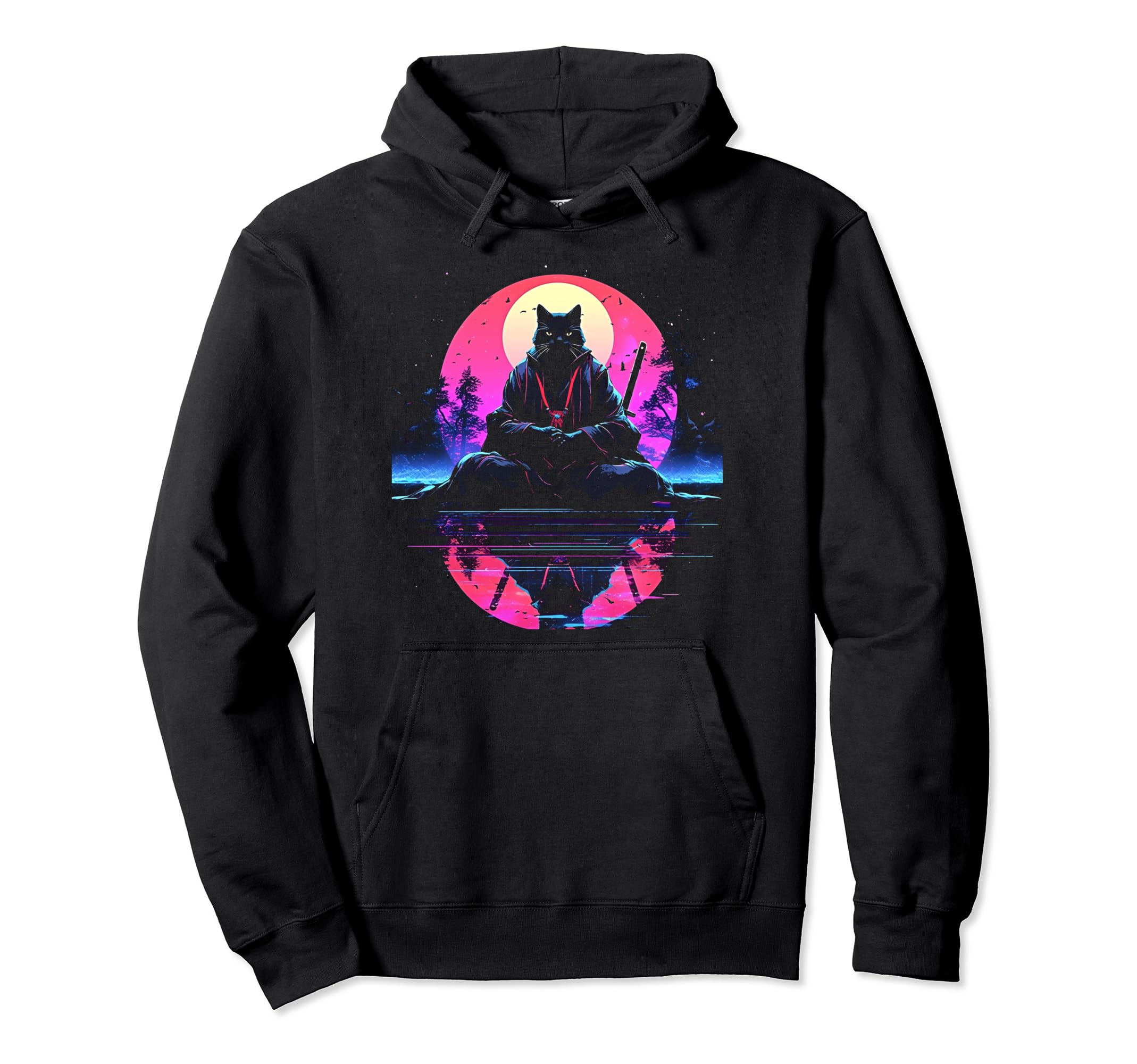 Synthwave Cat Samurai Mediation Hoodie - Streetwear Style for Adults - T-Shirt, Sweatshirt, Hoodie